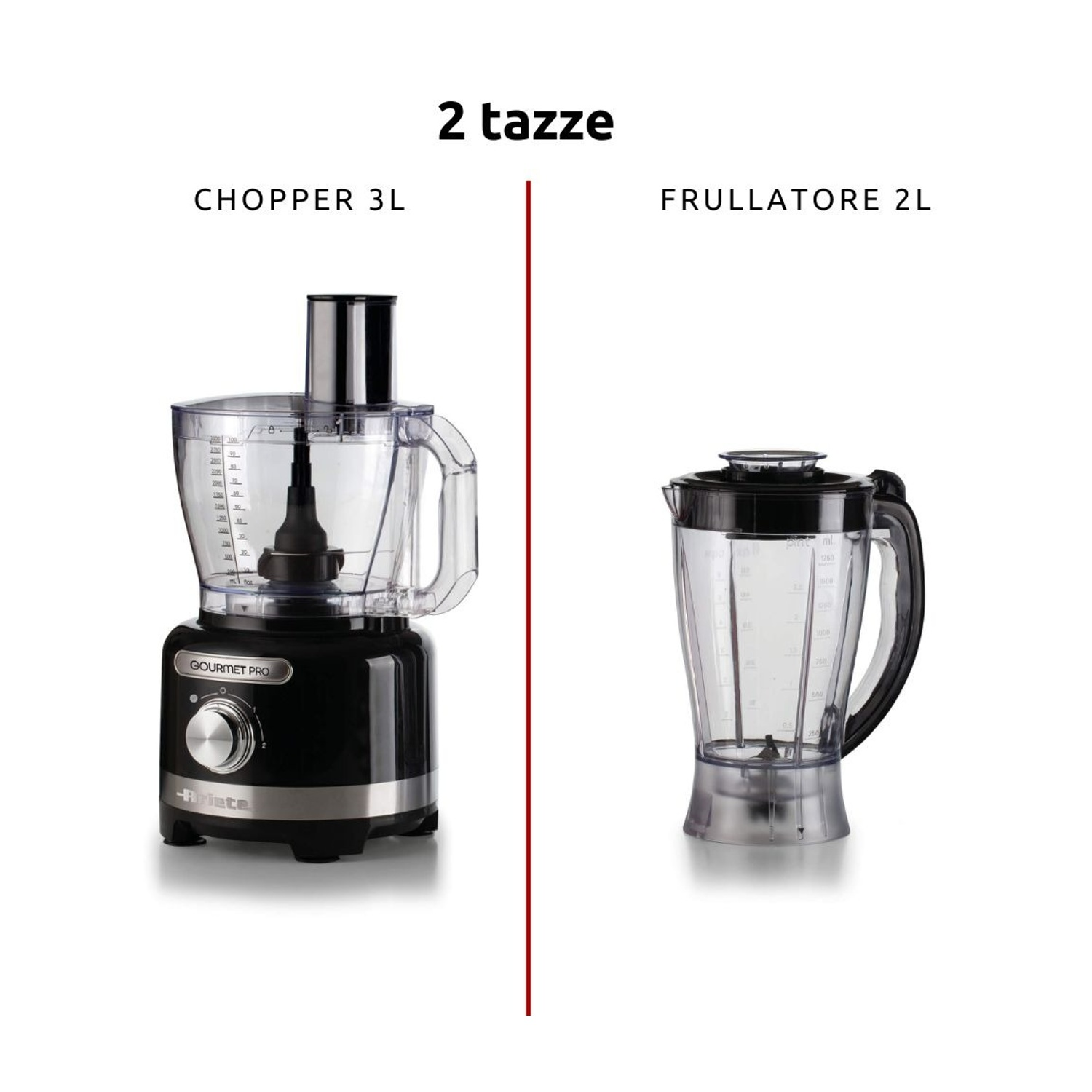 Un'immagine che mostra due elettrodomestici, un tritatutto da 3L a sinistra e un frullatore da 2L a destra.