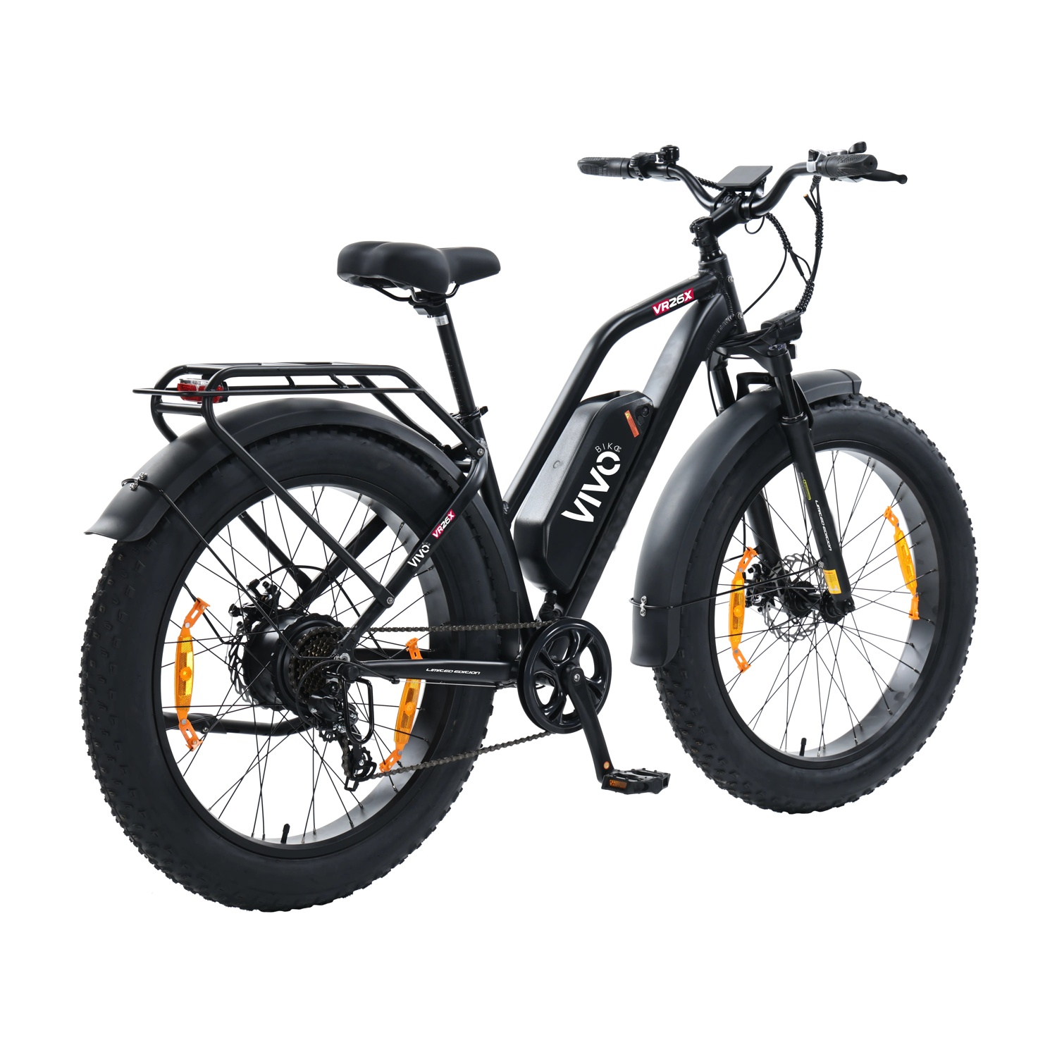 Una bici elettrica nera a ruote grasse con il marchio VIVO sul telaio, su sfondo bianco.