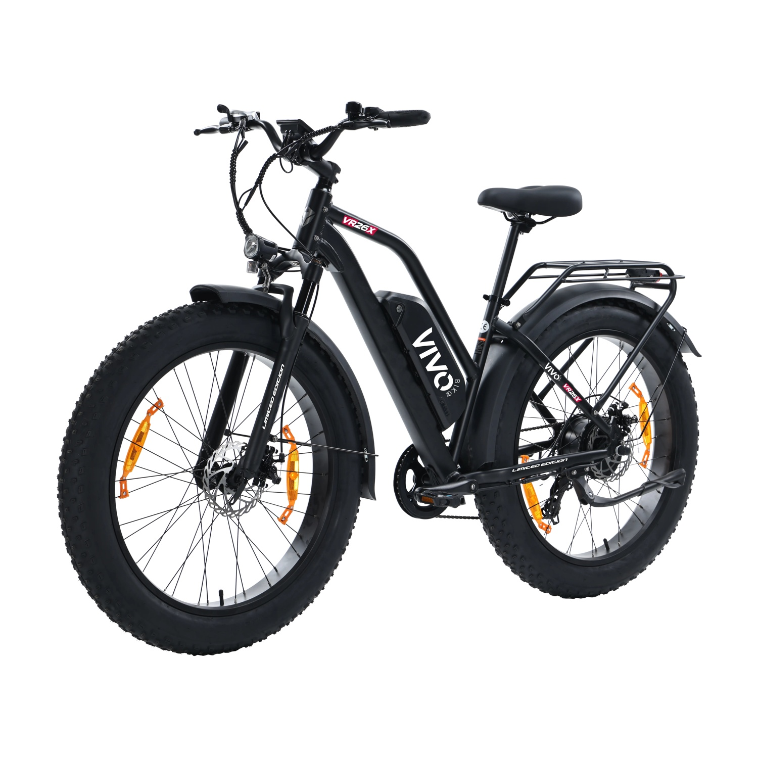 Una bicicletta elettrica nera con pneumatici larghi e il marchio VIVO sul telaio su sfondo bianco.