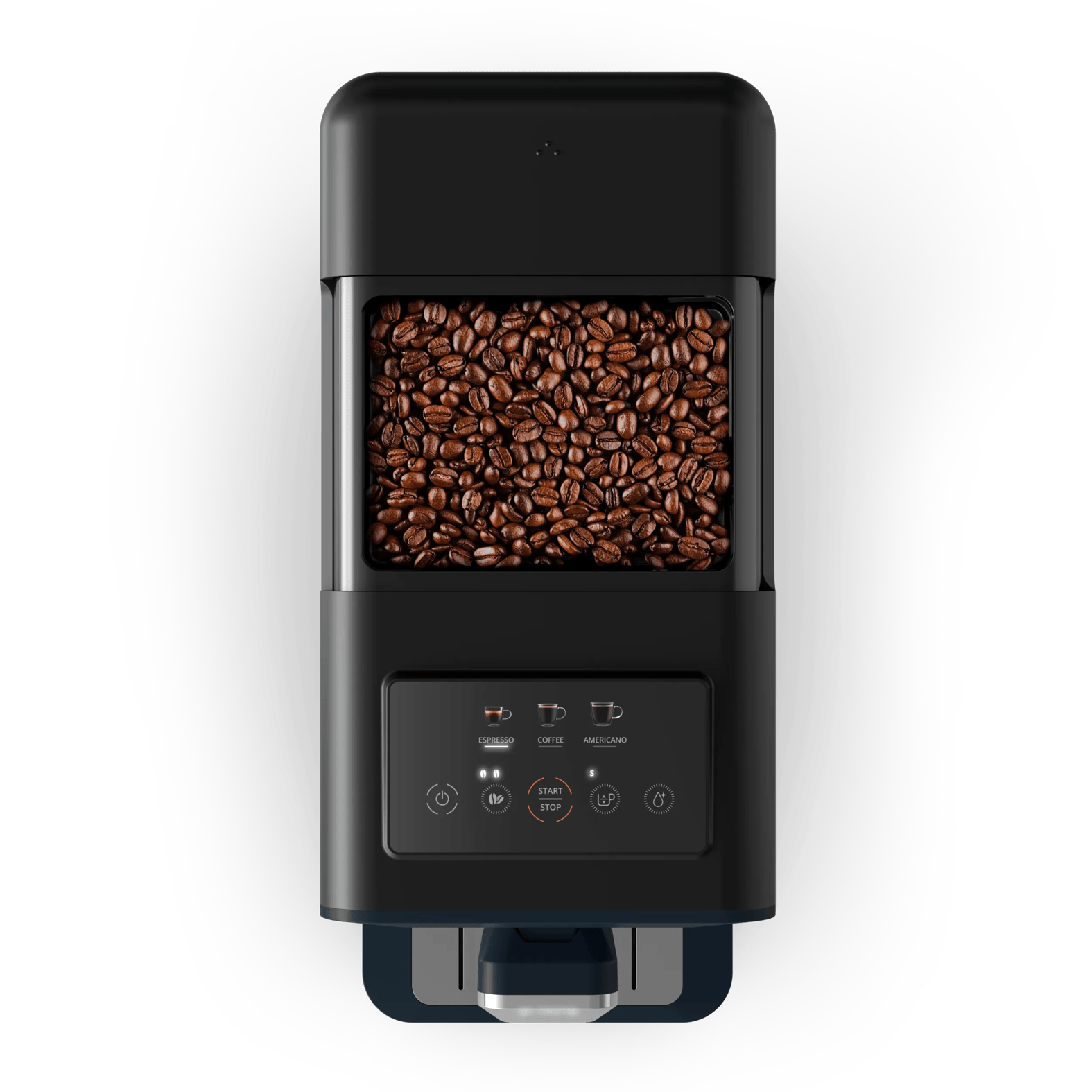 Moderne schwarze Kaffeemaschine mit sichtbaren Bohnen im oberen Behälter und digitalem Bedienfeld auf schwarzem Grund.