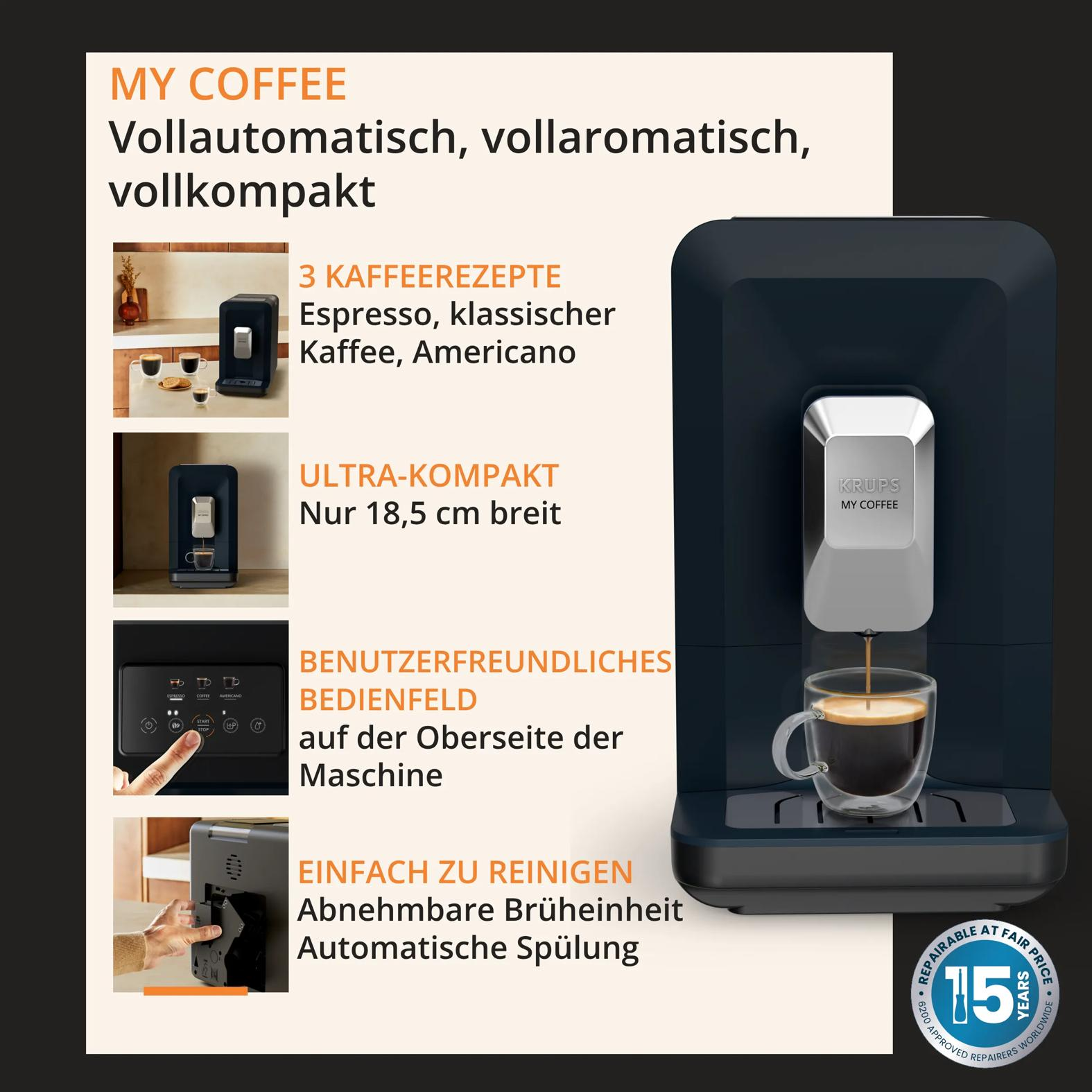 Krups My Coffee Vollautomat mit kompaktem Design und vier Funktionsdetails.