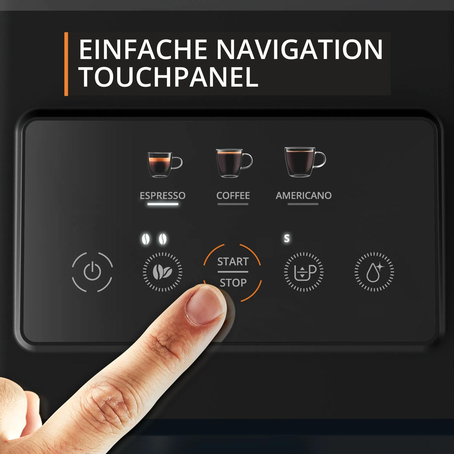 Ein Finger berührt das Start/Stopp-Symbol auf dem Touch-Bedienfeld einer Kaffeemaschine.