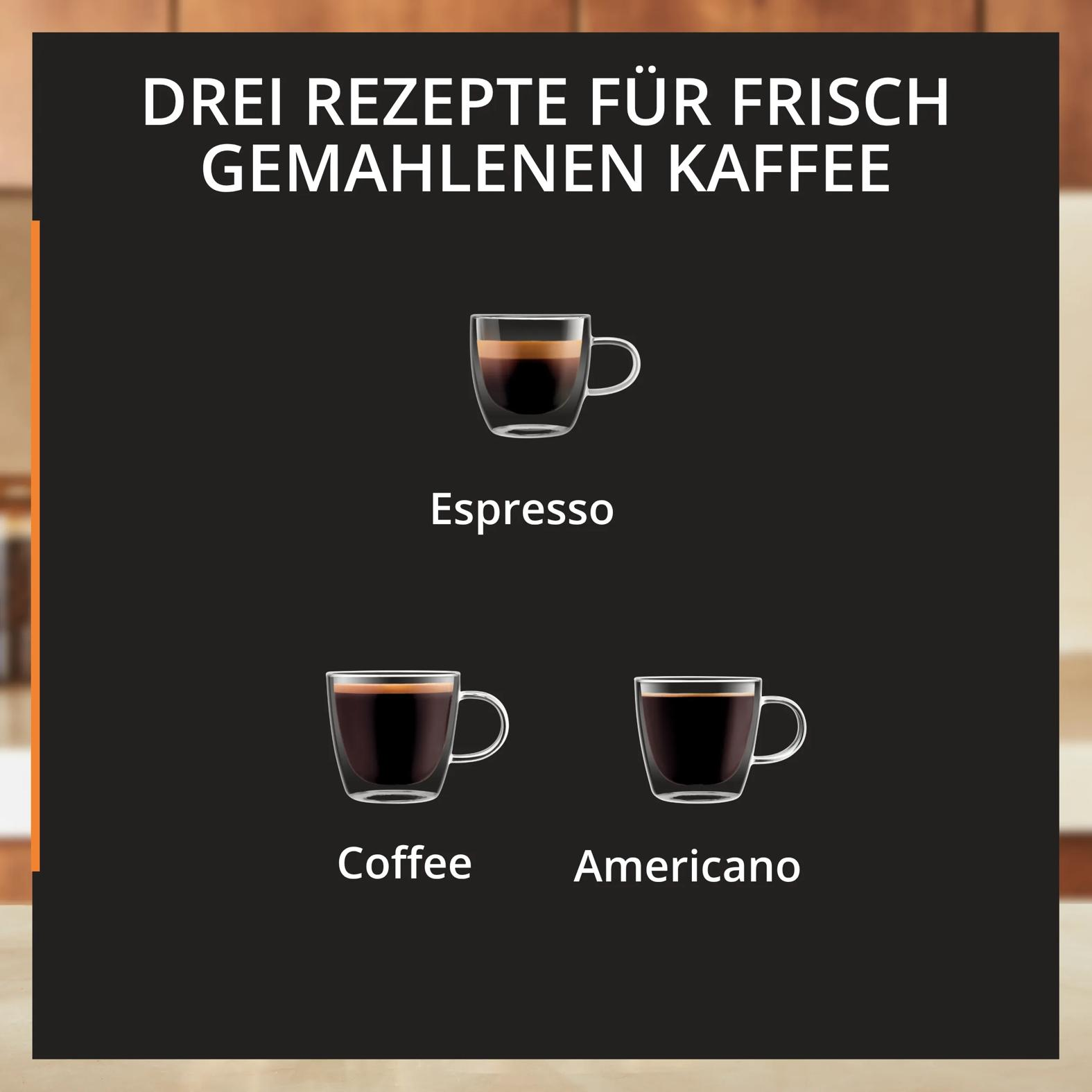 Grafik mit drei Kaffeerezepte-Optionen: Espresso, Kaffee und Americano in klaren Tassen auf schwarzem Grund.