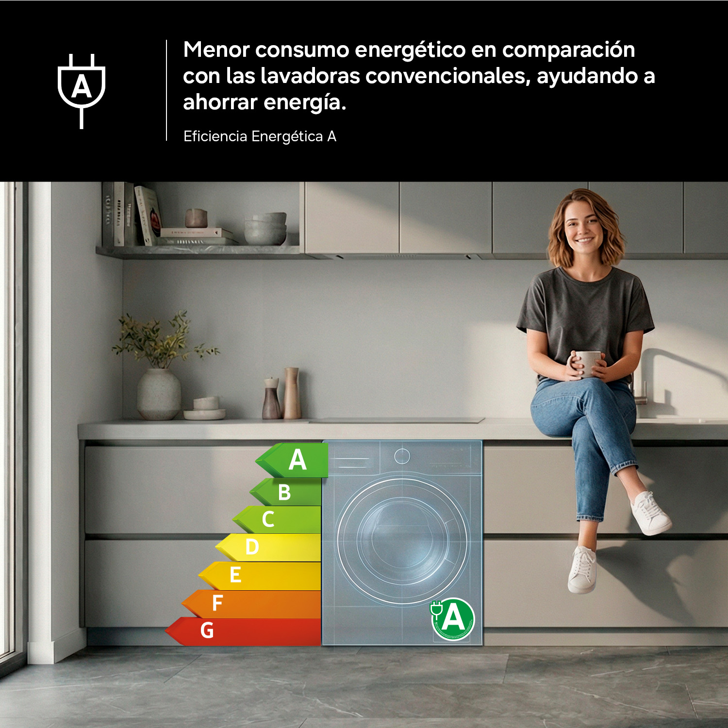 Una mujer se sienta en la encimera de una cocina junto a una lavadora de bajo consumo.