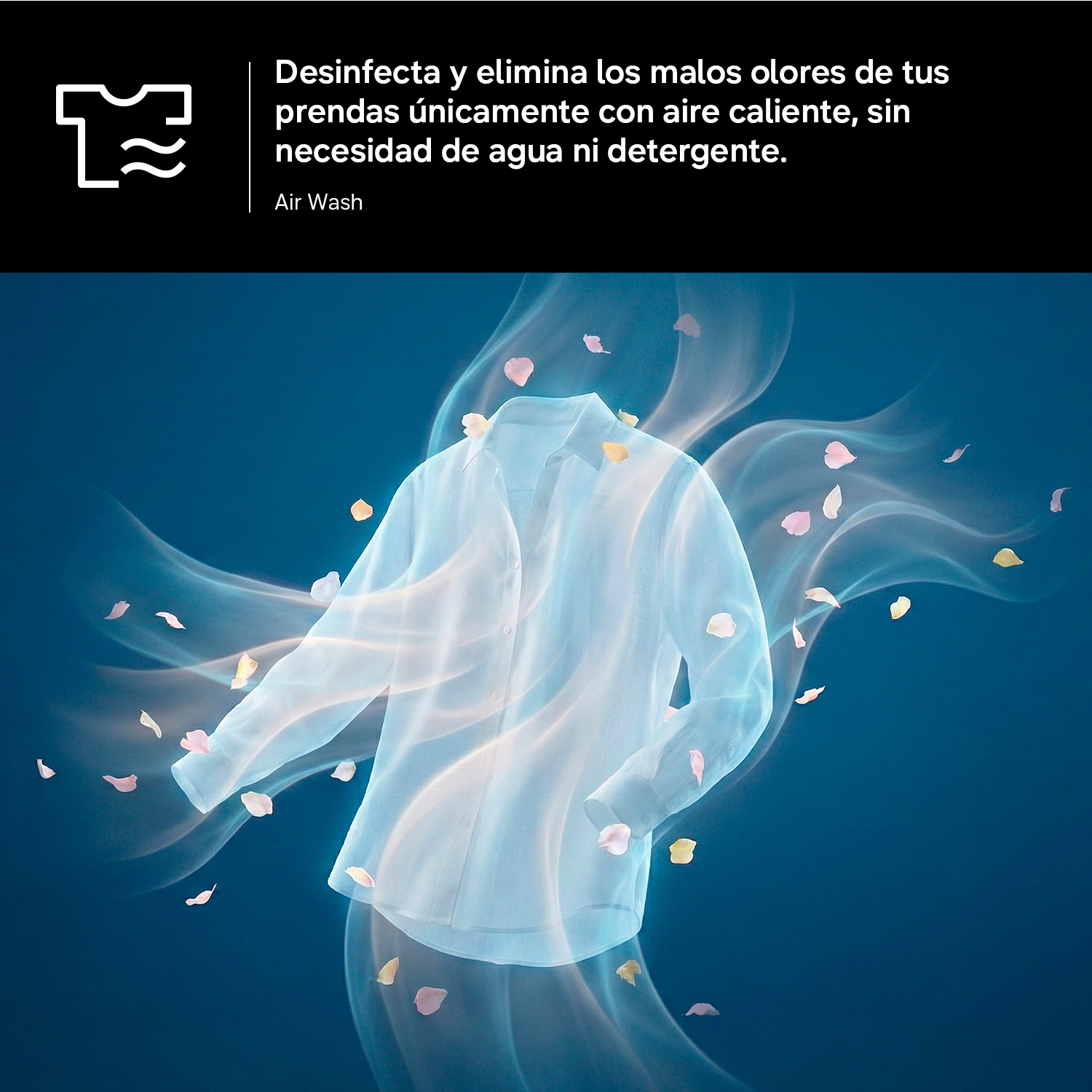 Una camisa azul claro flota en aire arremolinado con pétalos sobre fondo oscuro.
