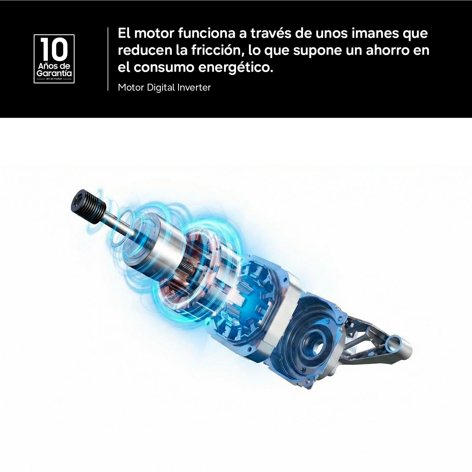 Motor Digital Inverter. El motor funciona a través de unos imanes que reducen la fricción, lo que supone un ahorro en el consumo energético. 10 Años de Garantía.