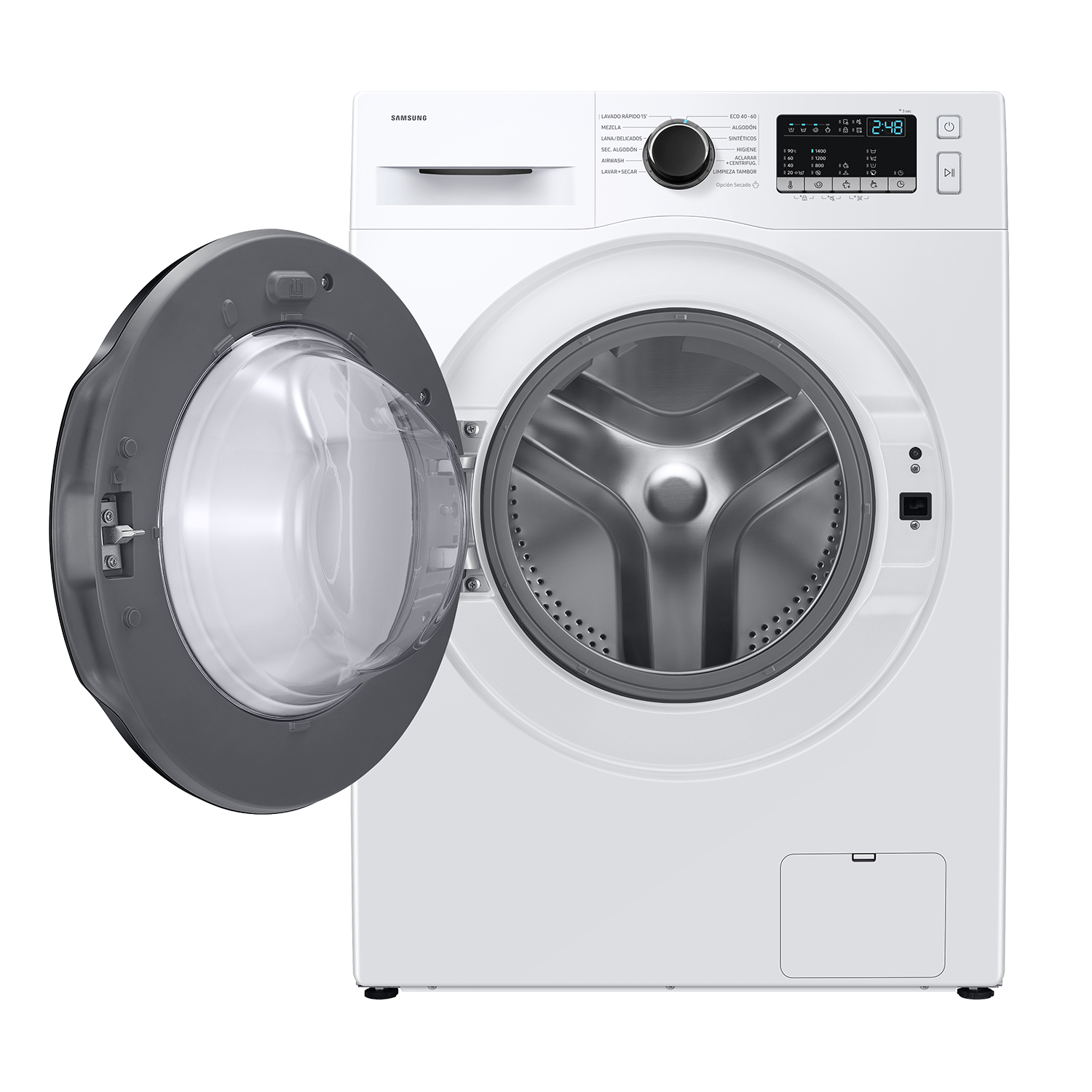 Una lavadora Samsung blanca con la puerta del tambor abierta y pantalla digital.