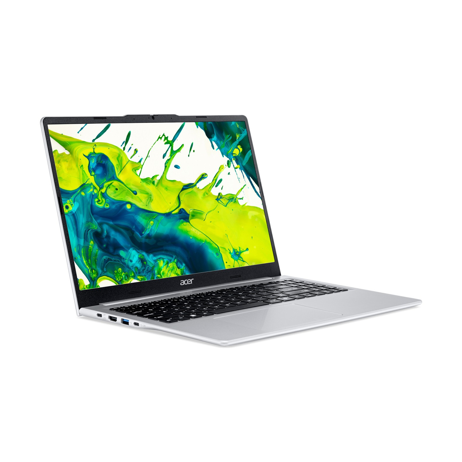 Un laptop Acer argentato con tastiera nera e uno sfondo astratto colorato sullo schermo.