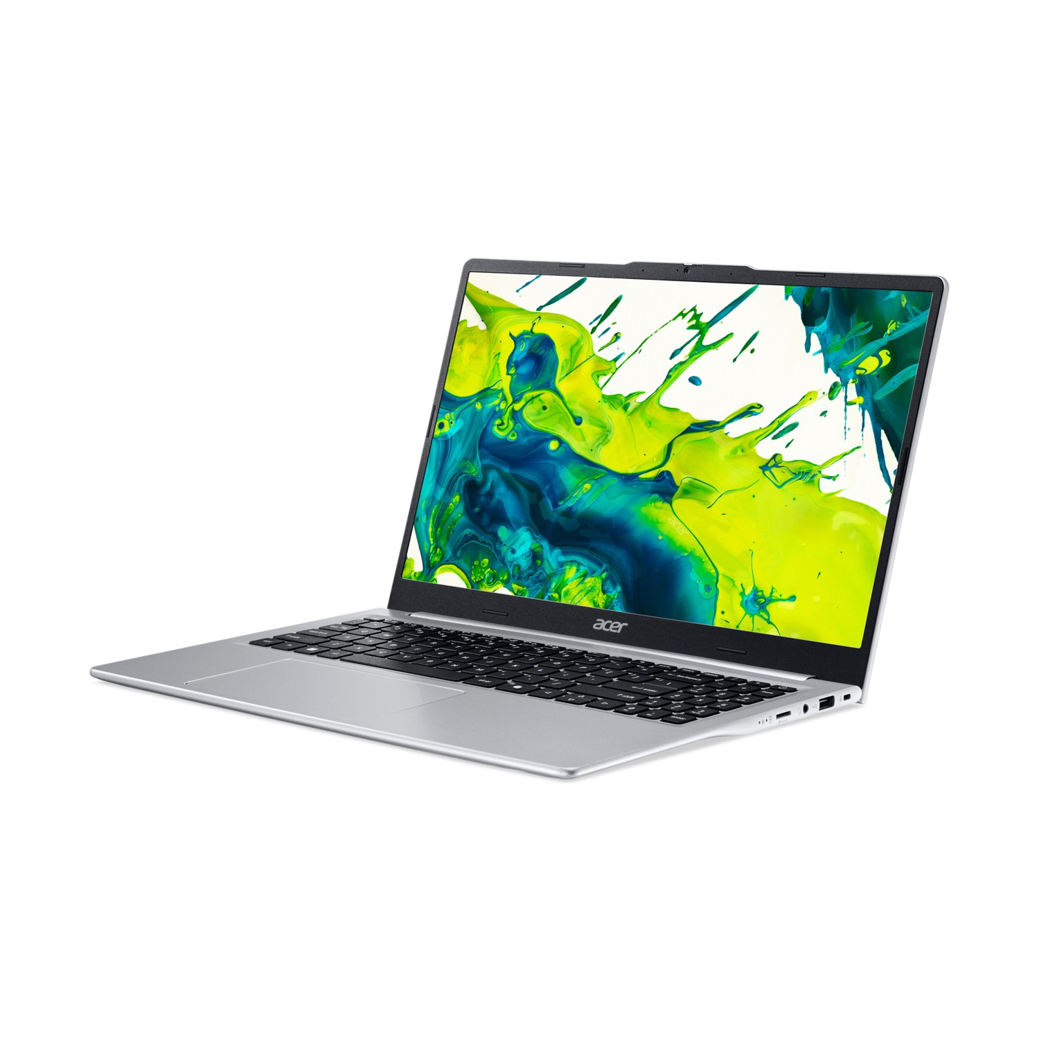 Laptop Acer argento con tastiera nera e sfondo astratto verde e blu su sfondo bianco.