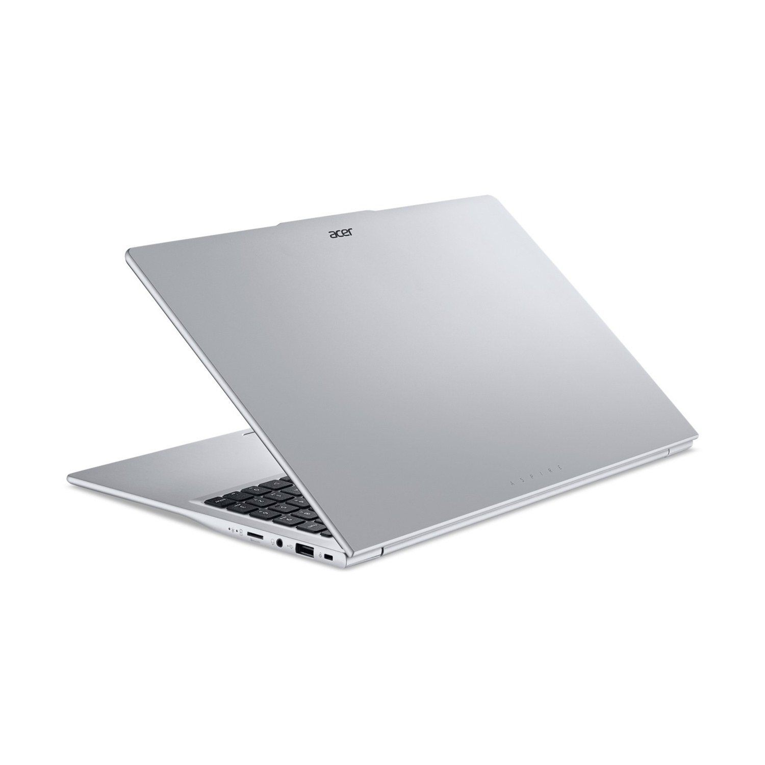 Laptop Acer Aspire argento in posizione chiusa, visto da angolazione posteriore su sfondo bianco.