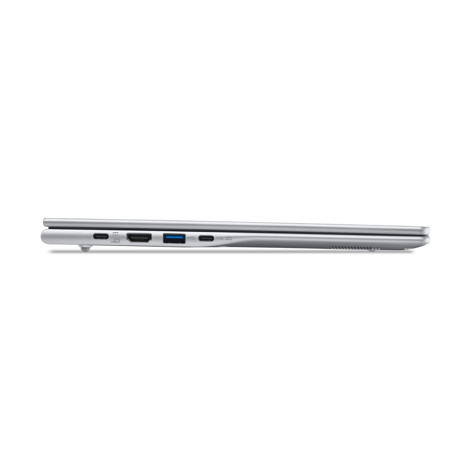 Vista laterale di un laptop argento con porte USB-C, HDMI e USB.