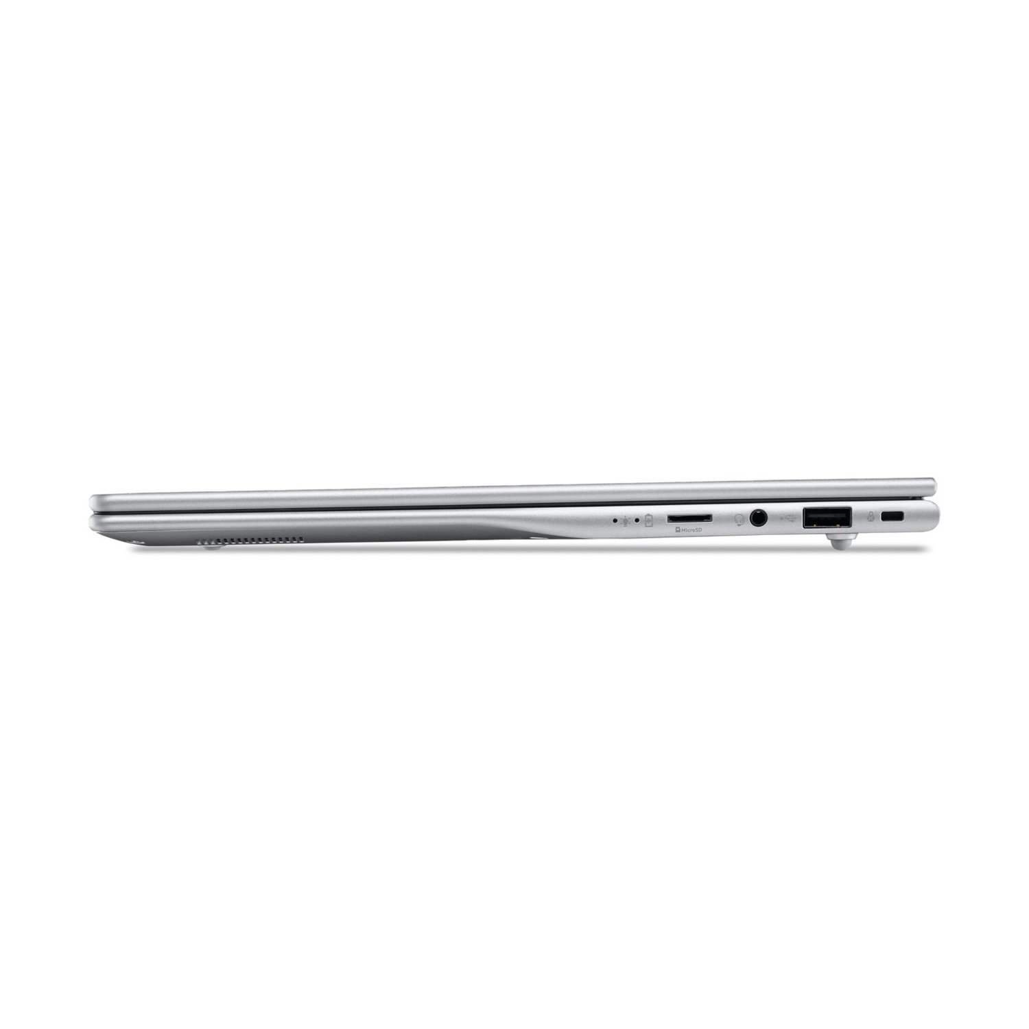 Vista laterale di un laptop argentato chiuso, che mostra varie porte e uno slot per schede SD.