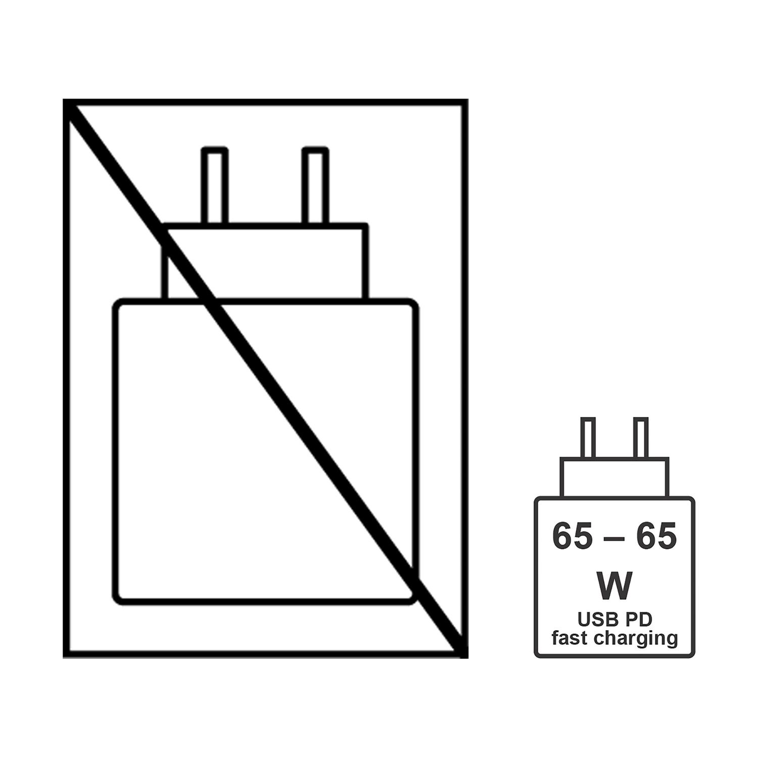 Icona in bianco e nero che mostra un caricabatterie proibito accanto a un caricabatterie rapido USB PD 65-65W.