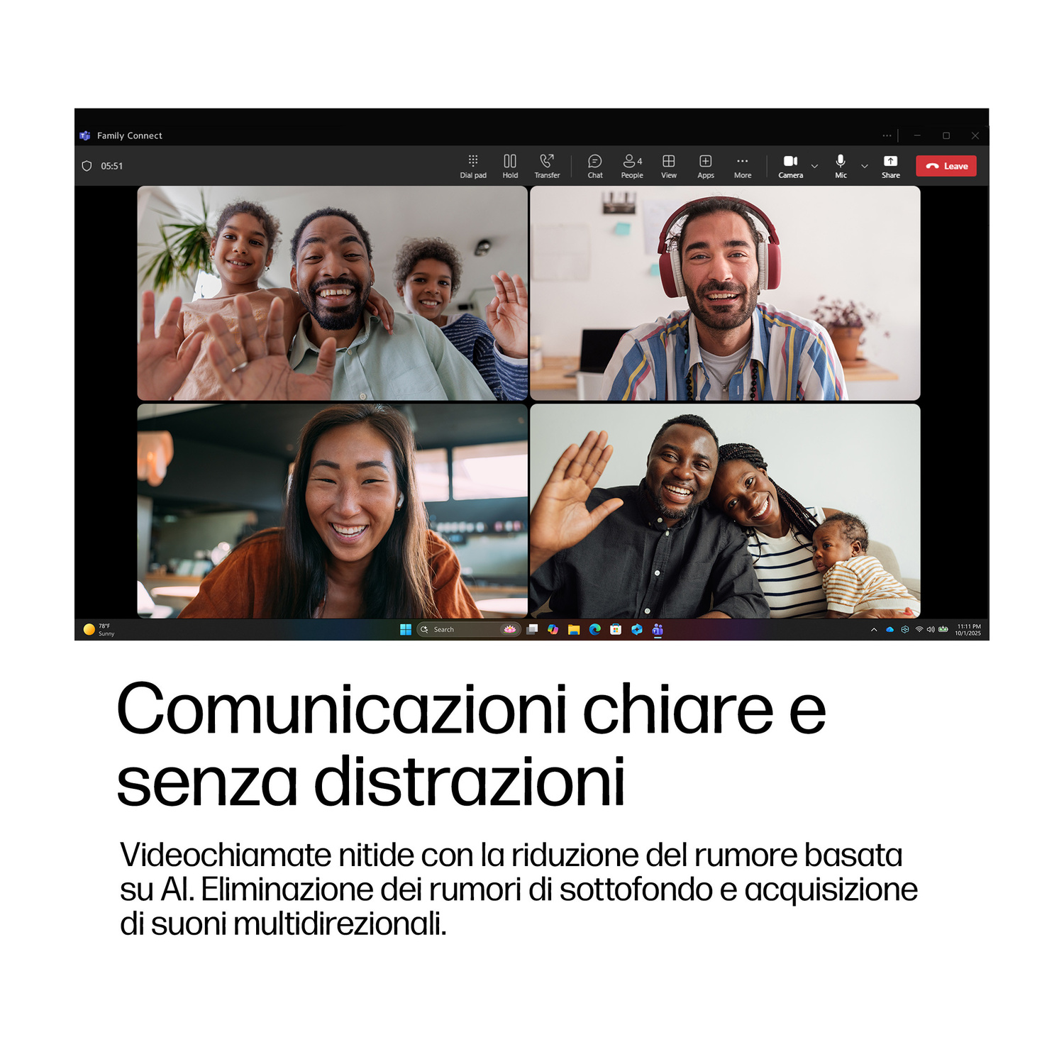Uno screenshot mostra una videochiamata con quattro finestre di familiari sorridenti.
