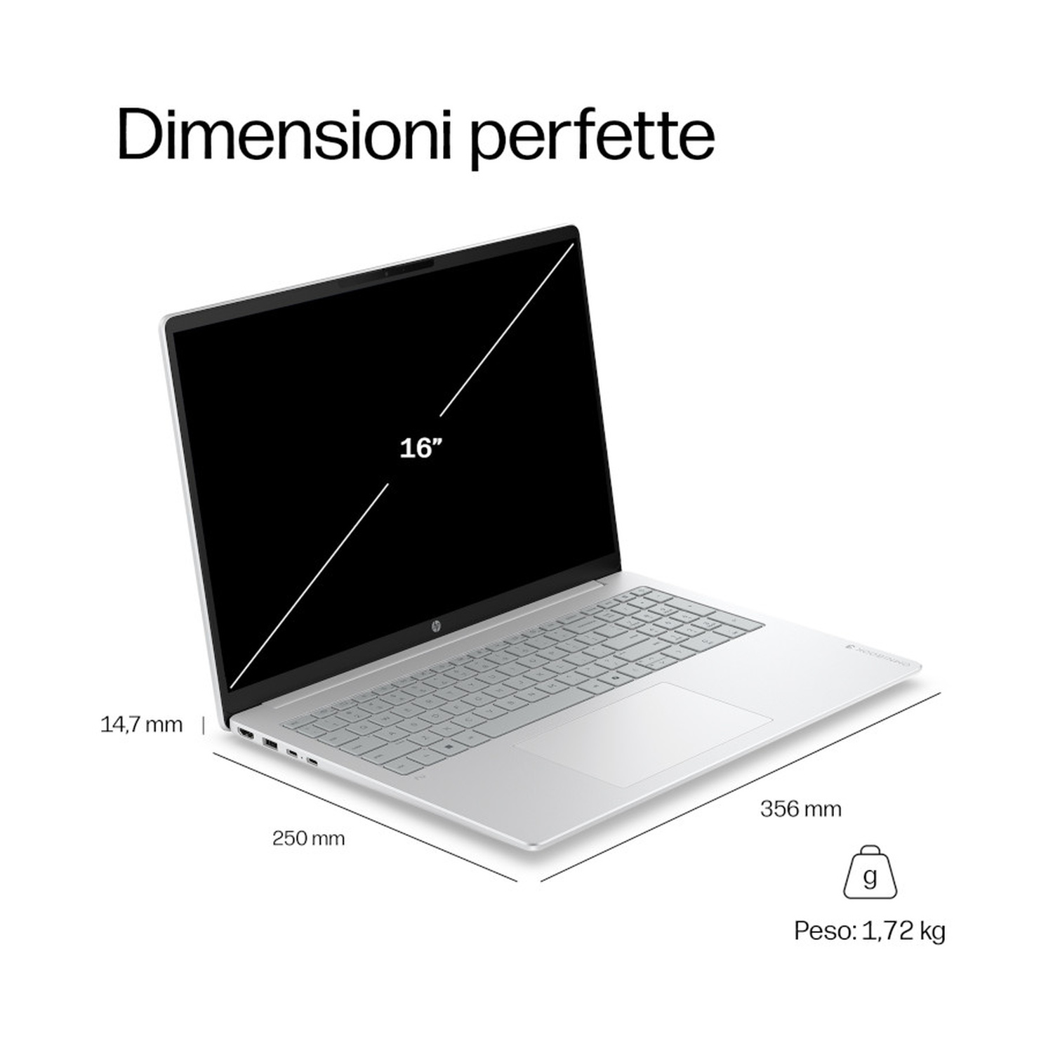 Laptop argentato con schermo da 16 pollici e misure in millimetri e chilogrammi.