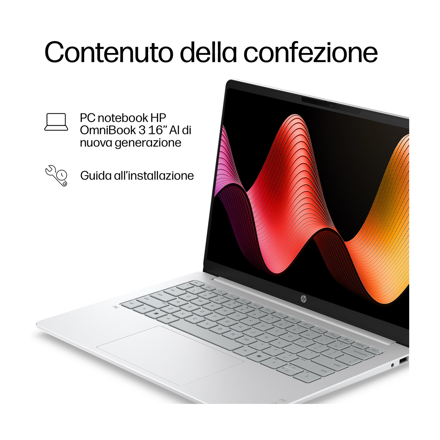 Un laptop HP con sfondo a onde rosse e arancioni, mostrato con testo del contenuto della confezione su sfondo bianco.