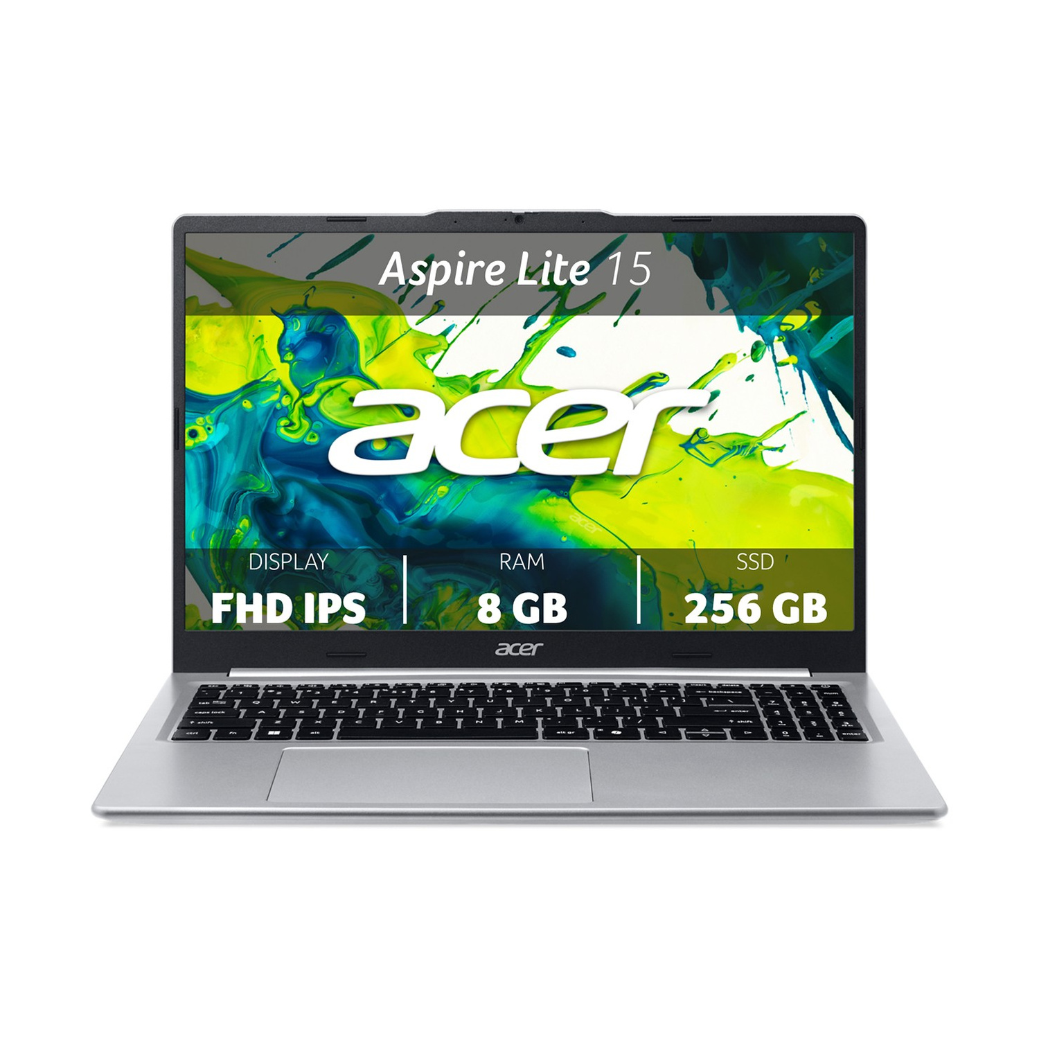 Un notebook Acer Aspire Lite 15 argentato aperto con specifiche sullo schermo: FHD IPS, 8 GB di RAM e 256 GB di SSD.