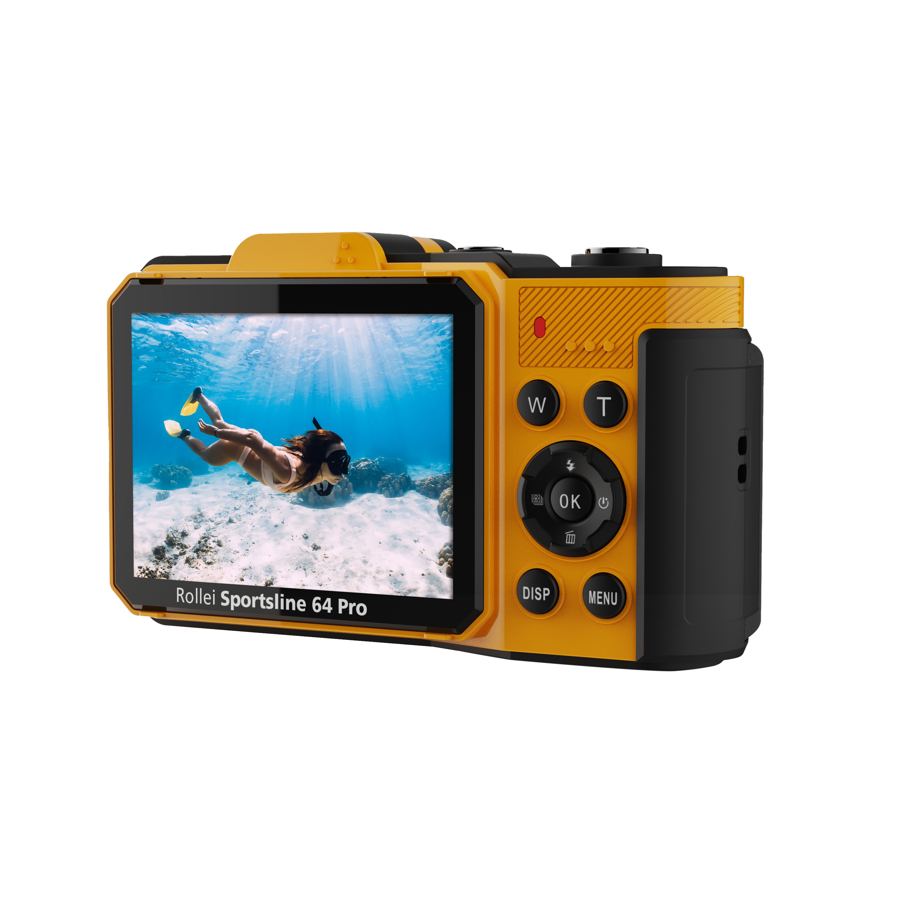 Gelbe Rollei Sportsline 64 Pro Unterwasserkamera mit Display zeigt Taucherin.