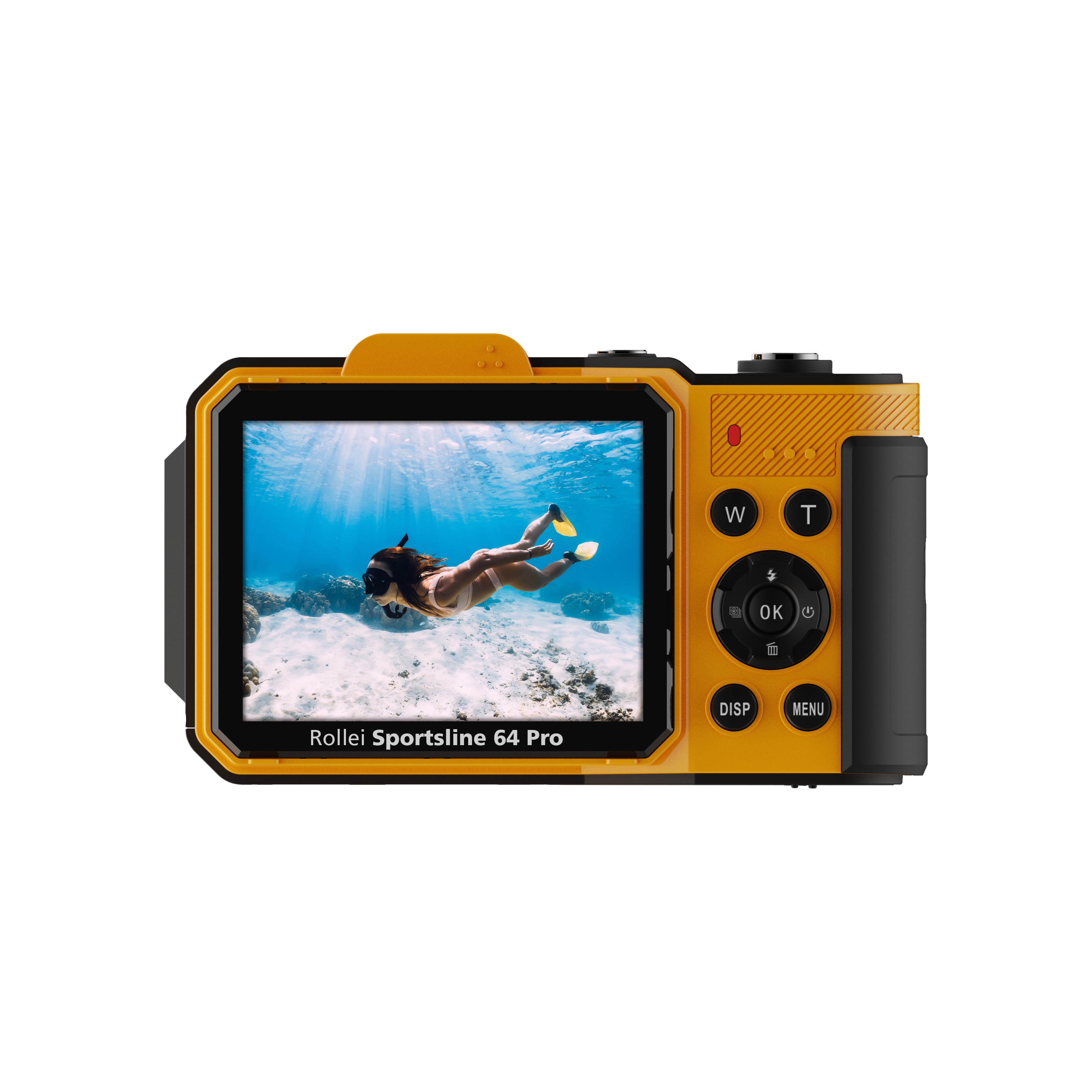Rückansicht einer gelb-schwarzen Rollei Sportsline 64 Pro Unterwasserkamera mit einem Schnorchler auf dem Display.