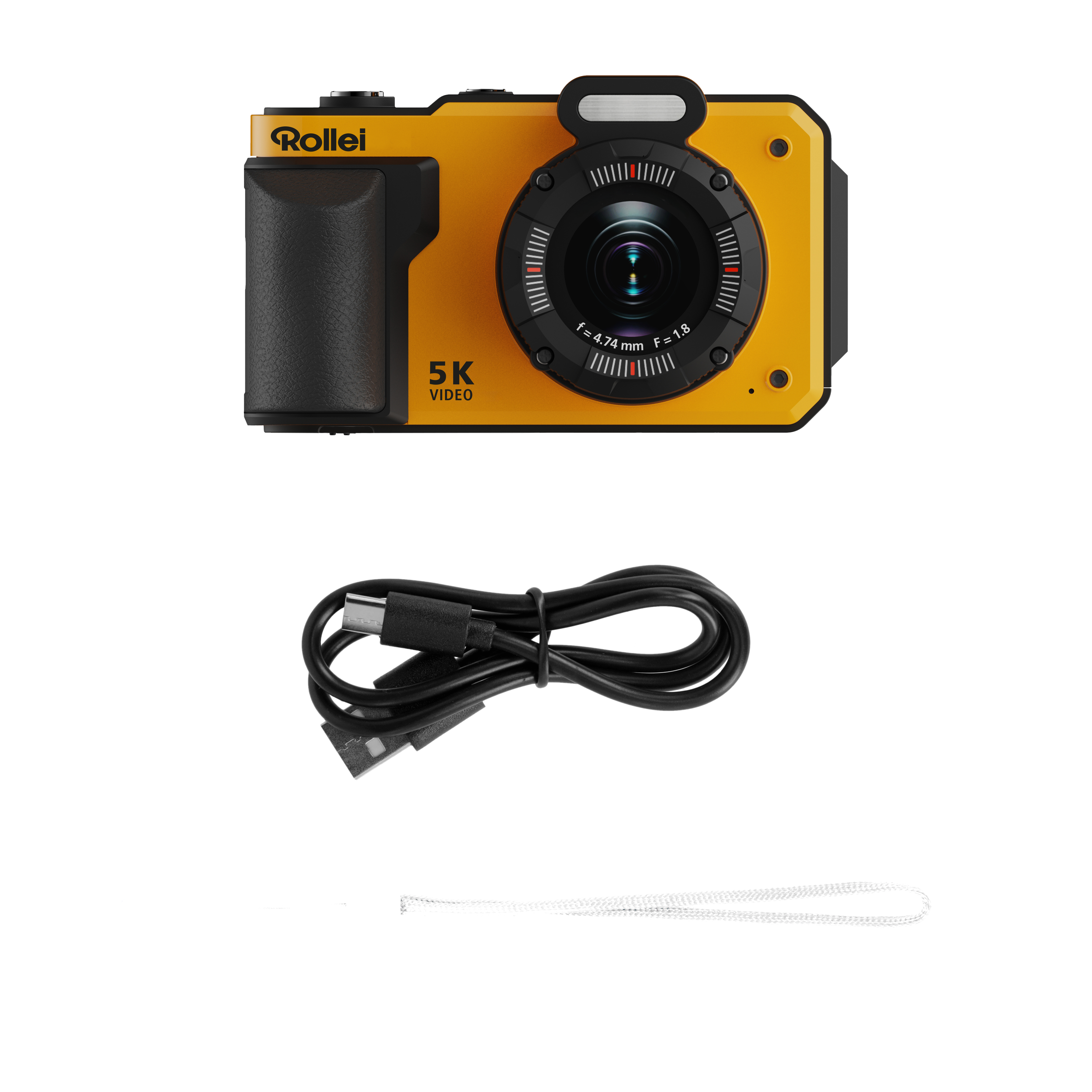 Gelbe Rollei 5K Videokamera mit schwarzem Kabel und weißem Trageriemen vor schwarzem Hintergrund.