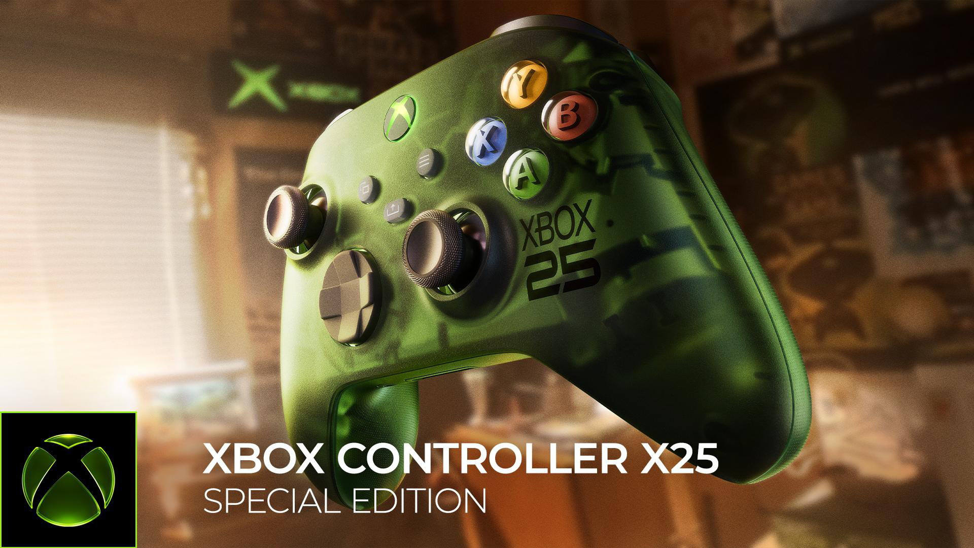 Grüner Xbox Controller X25 Special Edition vor verschwommenem Hintergrund.
