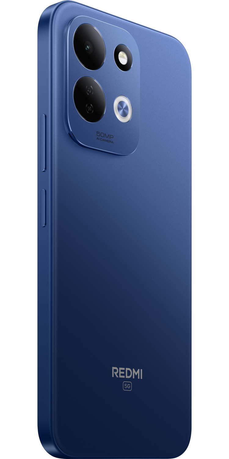 Parte trasera de un smartphone Redmi 5G azul con doble cámara y flash sobre fondo negro.