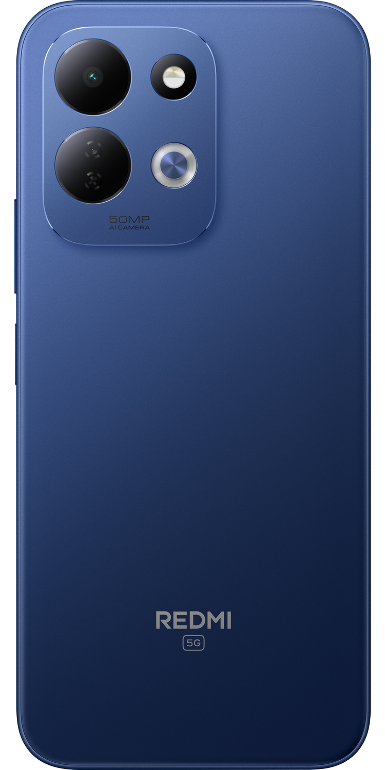 La parte trasera de un smartphone Redmi 5G azul con doble cámara y etiqueta de 50MP.