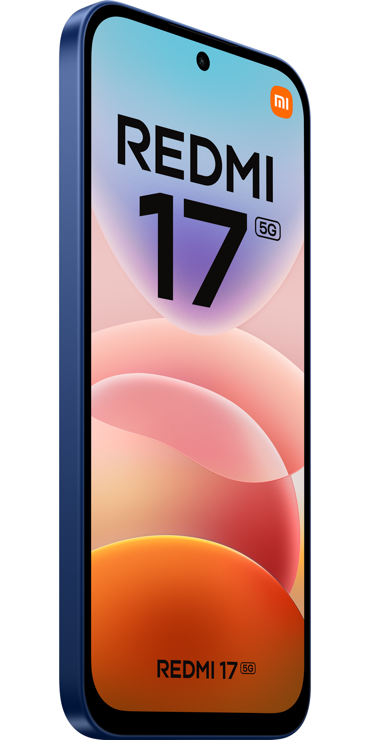 Un smartphone azul Redmi 17 5G mostrado verticalmente con un fondo colorido.