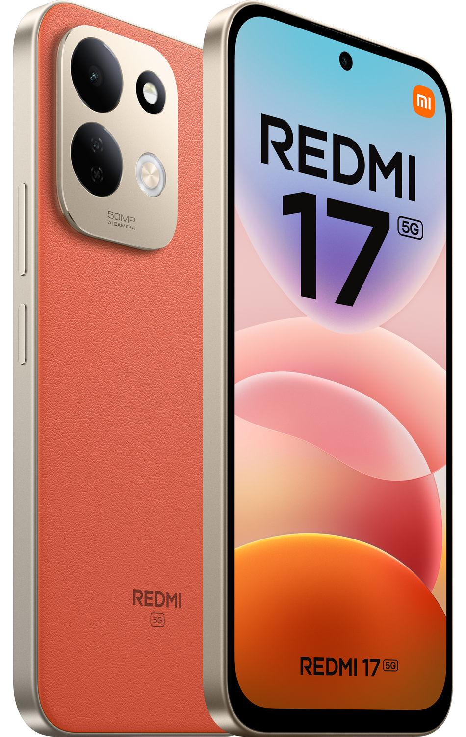 Vista frontal y trasera de un smartphone Redmi 17 5G naranja con textura de cuero y cámara de 50MP.