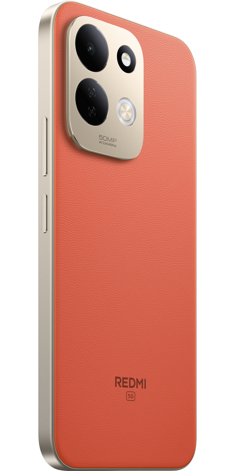 Parte trasera de un smartphone rojo con módulo de cámara dorado, dos lentes y logotipo de Redmi.