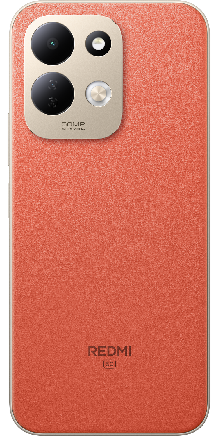 Parte trasera de un smartphone Redmi 5G naranja con módulo de doble cámara y textura de cuero.
