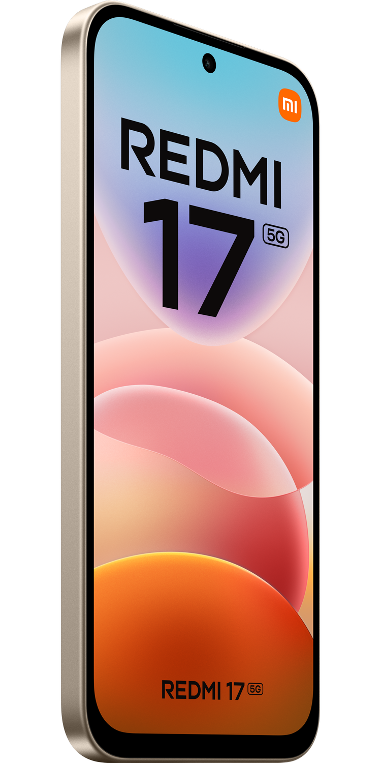 Un smartphone Redmi 17 5G en vertical con pantalla colorida sobre fondo negro.