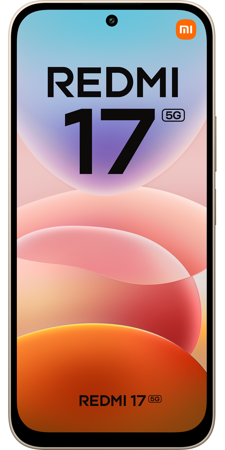 Teléfono inteligente que muestra un fondo de pantalla abstracto y colorido con texto Redmi 17 5G.