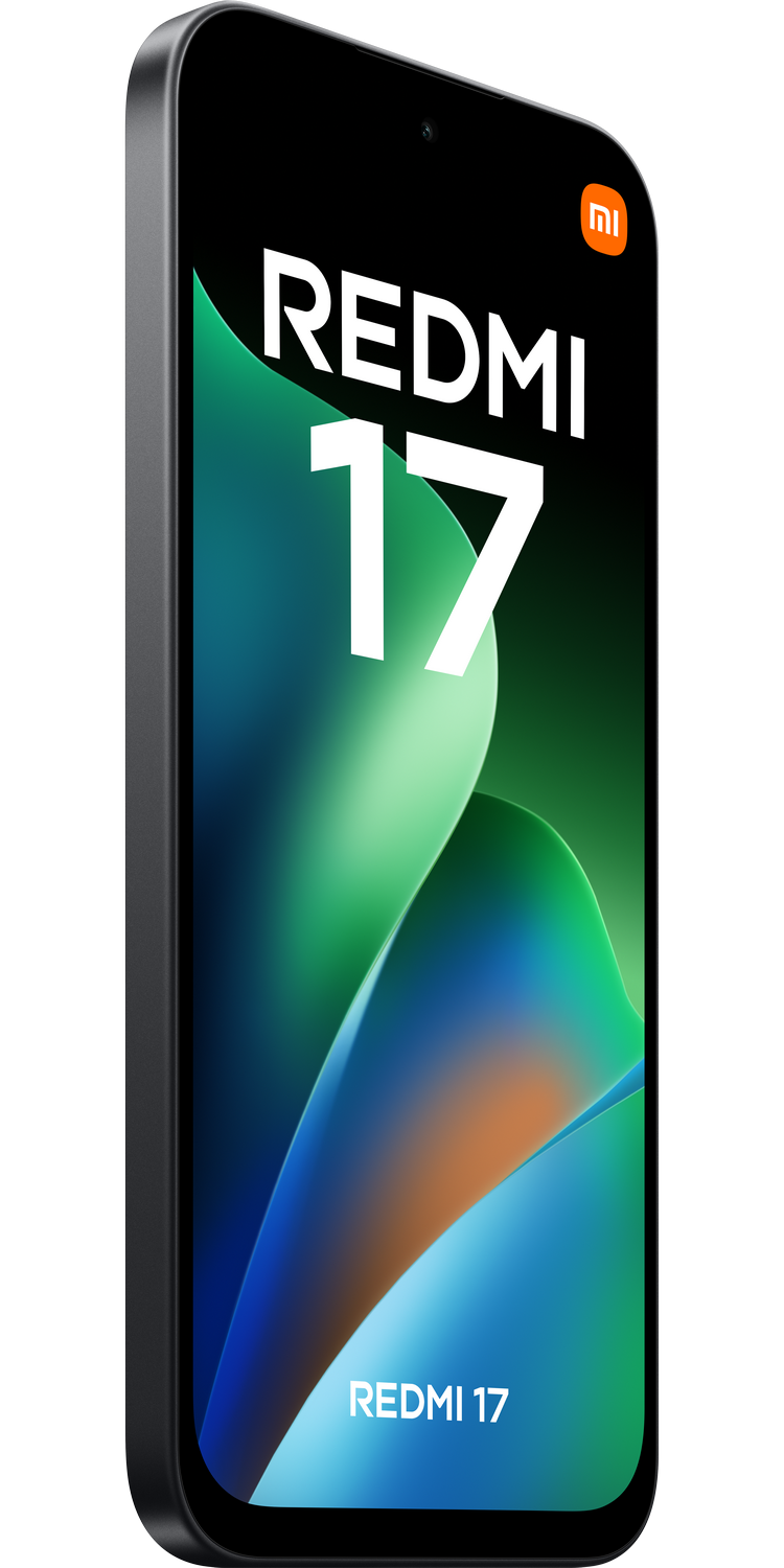 Un smartphone negro Redmi 17 se alza vertical, la pantalla muestra un diseño azul-verde con el texto REDMI 17.