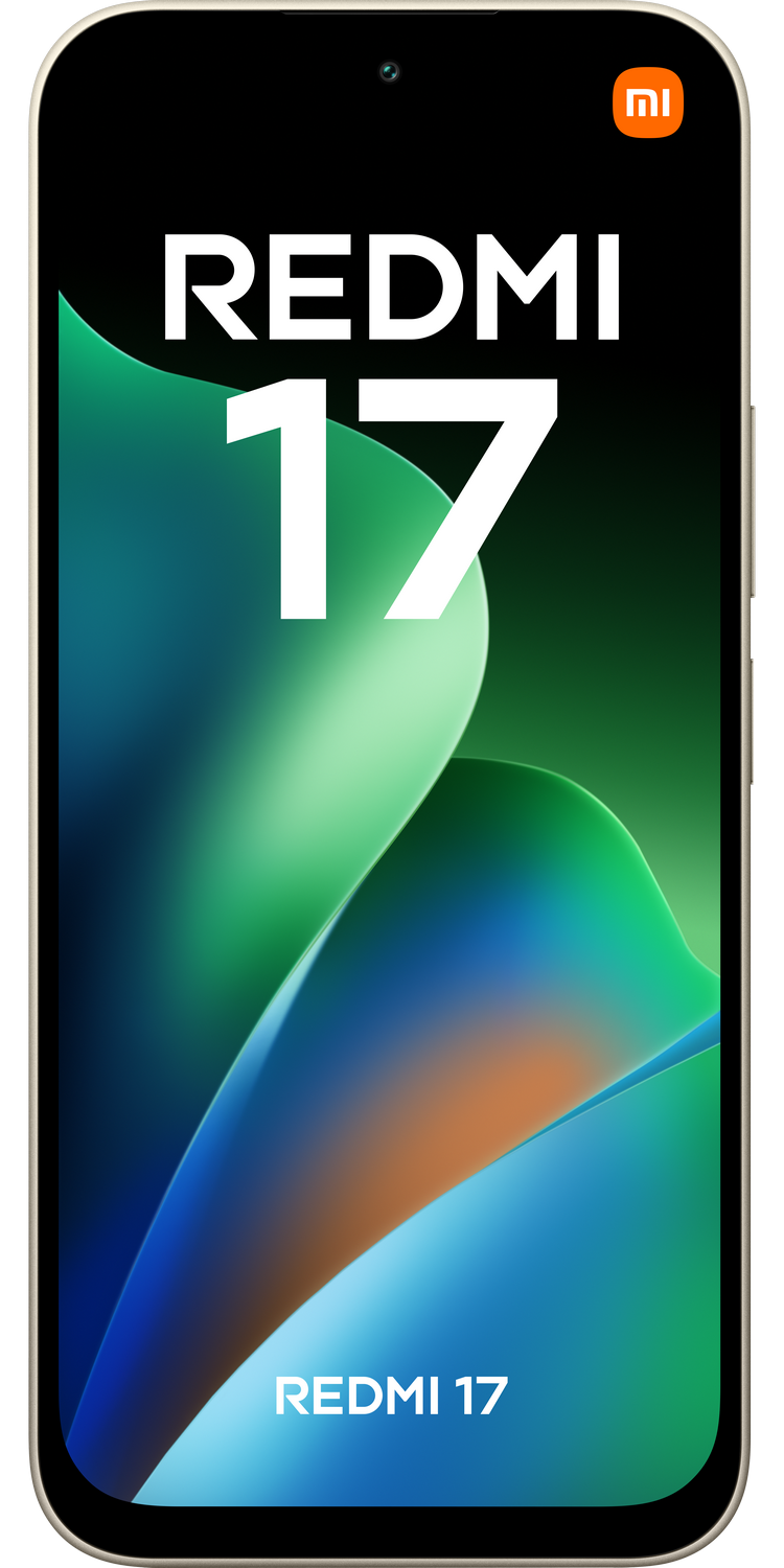 Un teléfono inteligente que muestra REDMI 17 con un fondo abstracto colorido y el logotipo de Xiaomi.