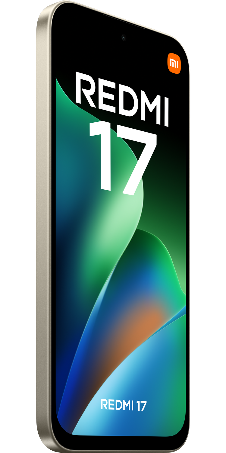 Un teléfono con borde dorado muestra una pantalla colorida con el texto Redmi 17 sobre fondo negro.