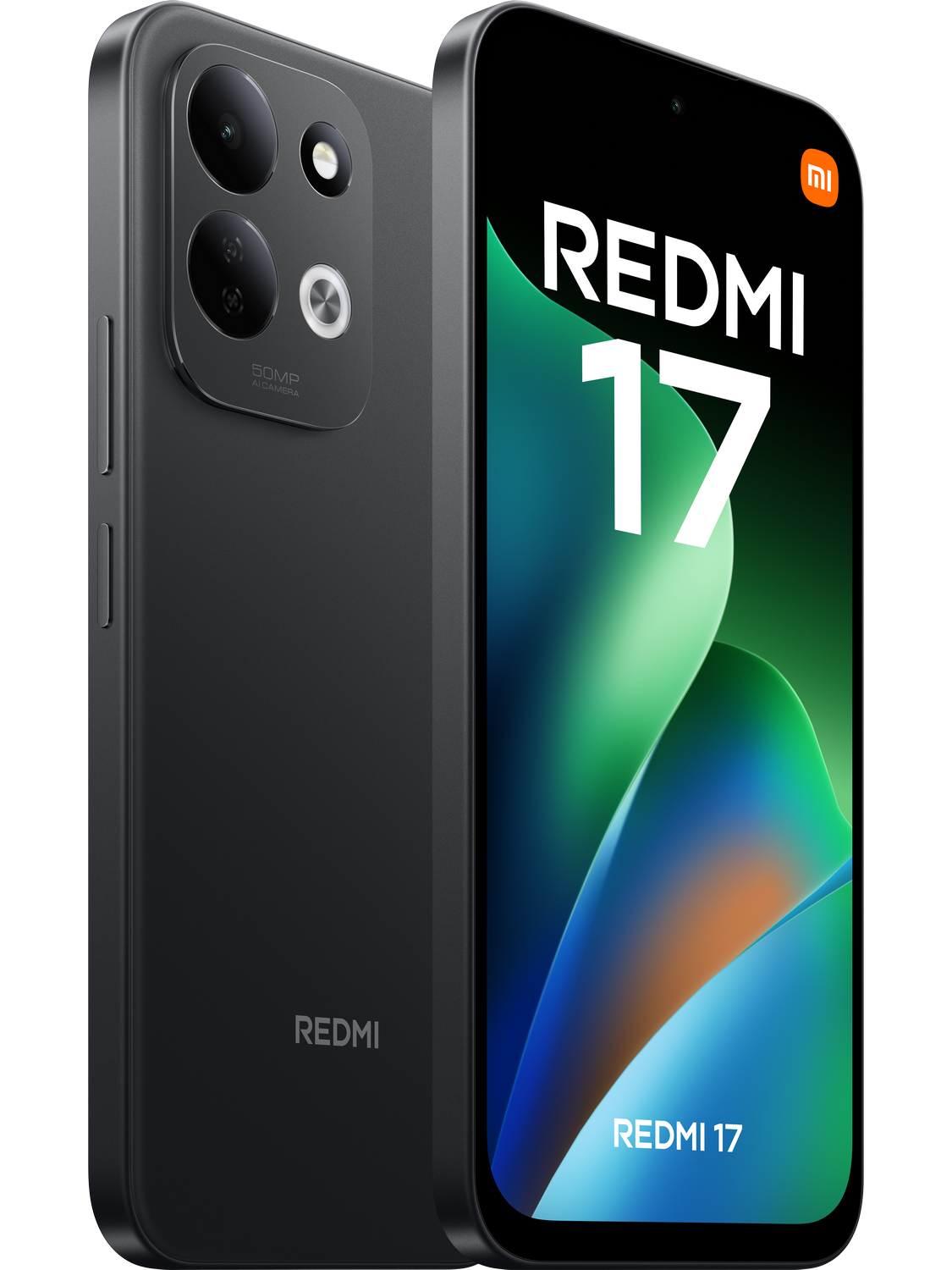 Smartphone Redmi 17 negro mostrado de frente y reverso, con pantalla verde-azul y doble cámara.