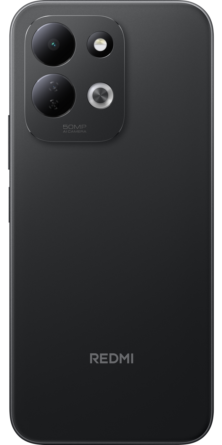 Parte trasera de un smartphone Redmi negro con cámara dual y el logotipo de Redmi.