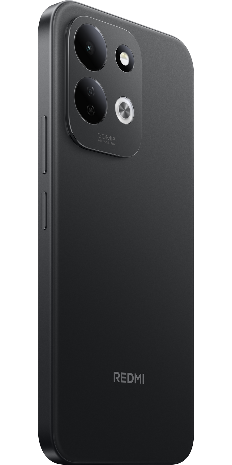 Parte trasera de un smartphone Redmi negro con doble cámara y flash sobre fondo oscuro.