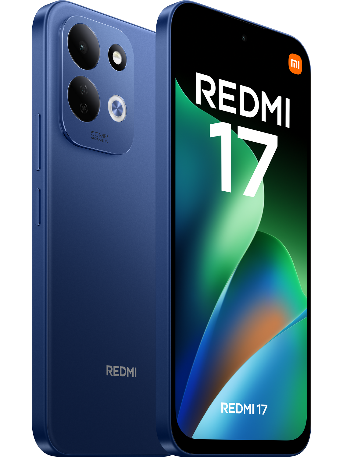 Smartphone Redmi 17 azul que muestra la cámara trasera y la pantalla frontal.
