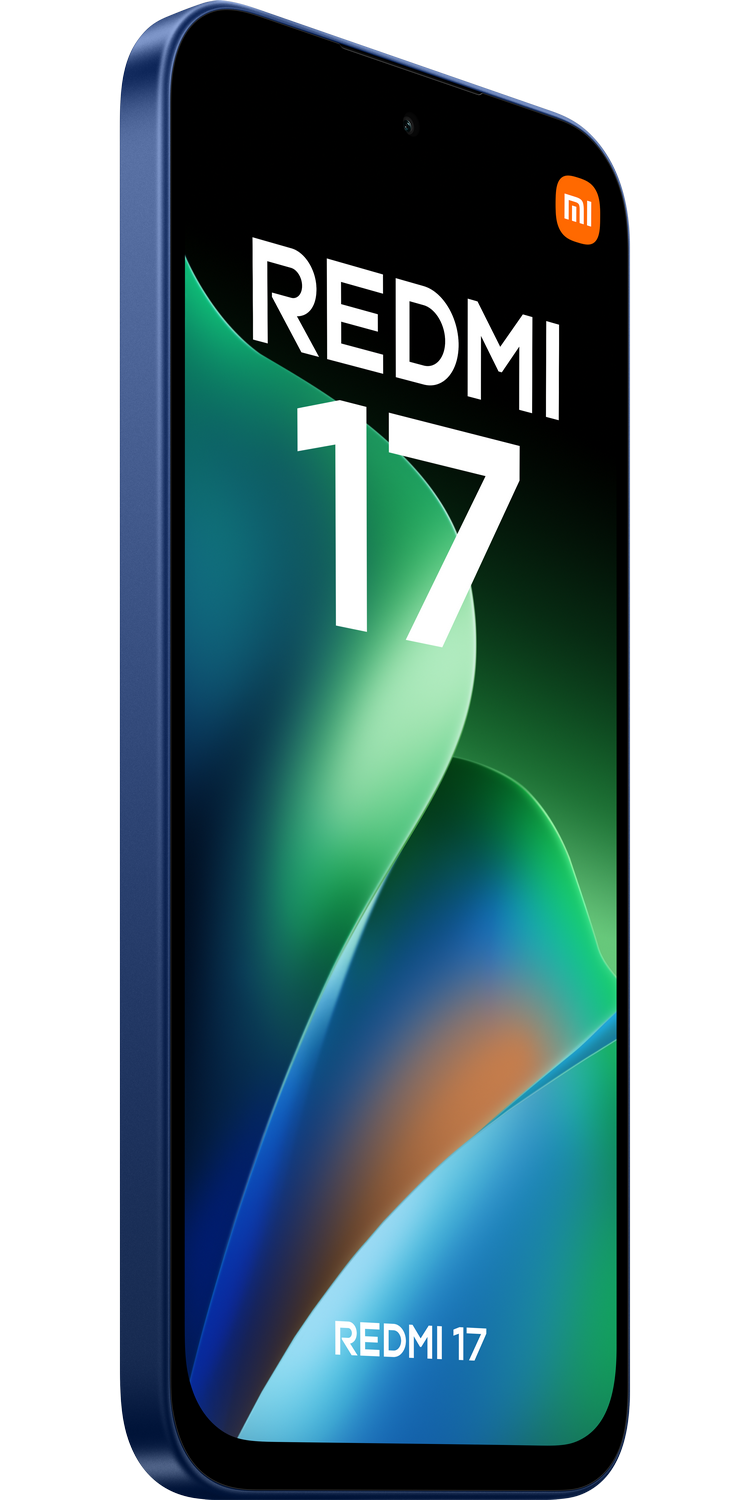 Un smartphone Redmi 17 azul con fondo de pantalla verde y azul.