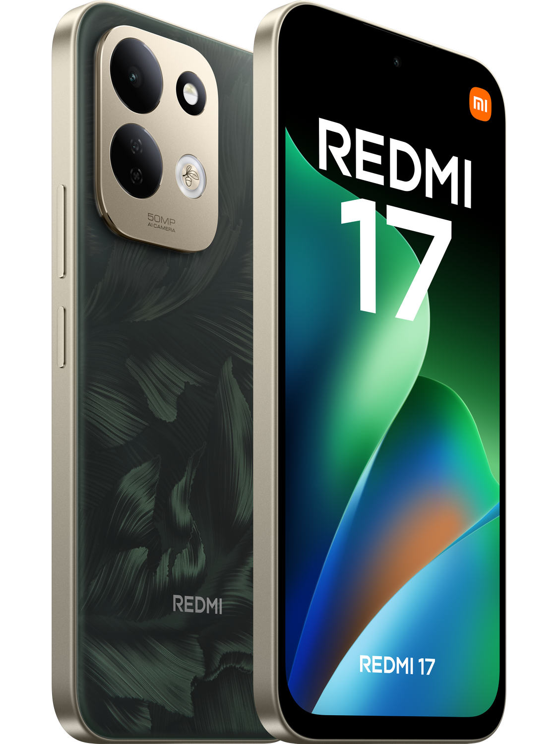 El smartphone Redmi 17 con trasera de hojas verdes y pantalla brillante.