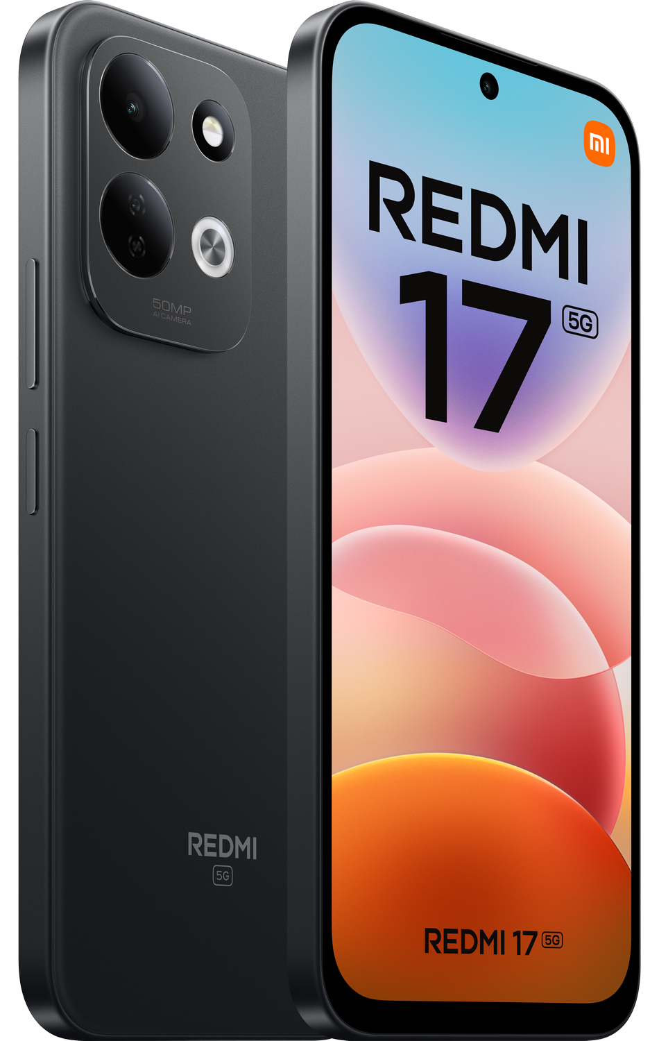 Smartphone Redmi 17 5G negro, vistas frontal y trasera con doble cámara y pantalla colorida.