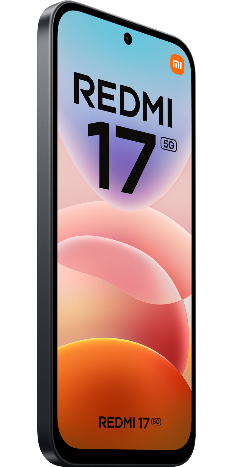 Un teléfono inteligente Redmi 17 5G negro sobre un fondo negro con formas abstractas coloridas.