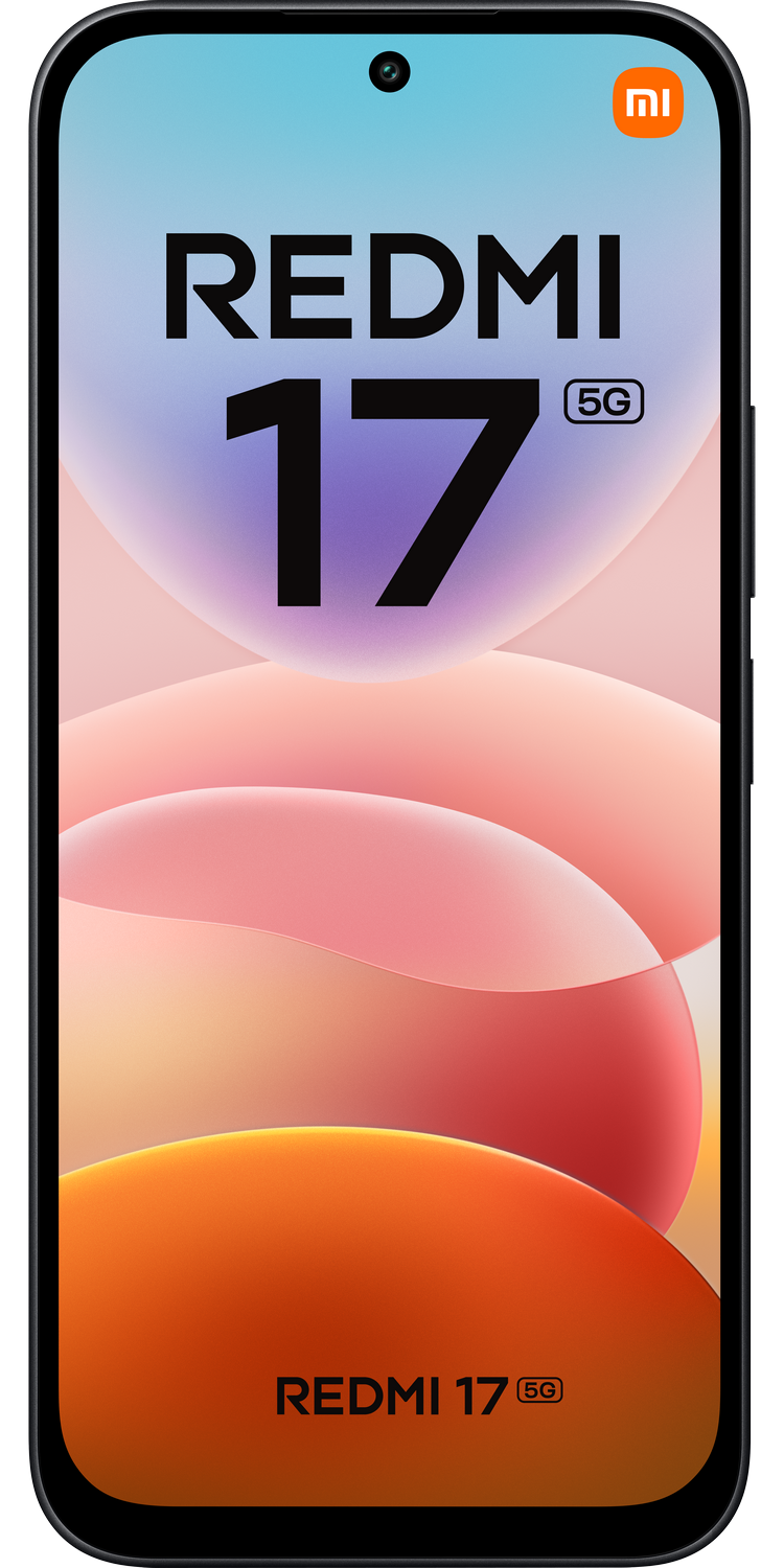 Smartphone negro con el logotipo de Redmi 17 5G y ondas abstractas coloridas.