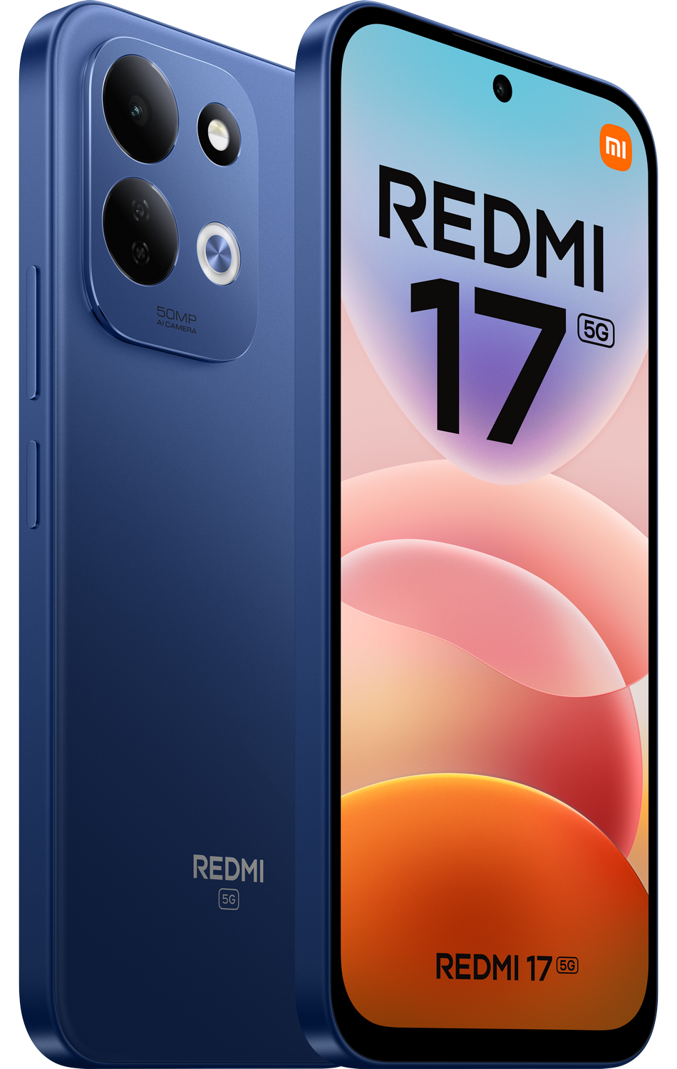 Se muestra un smartphone Redmi 17 5G azul por delante y por detrás, con su módulo de cámara y pantalla.