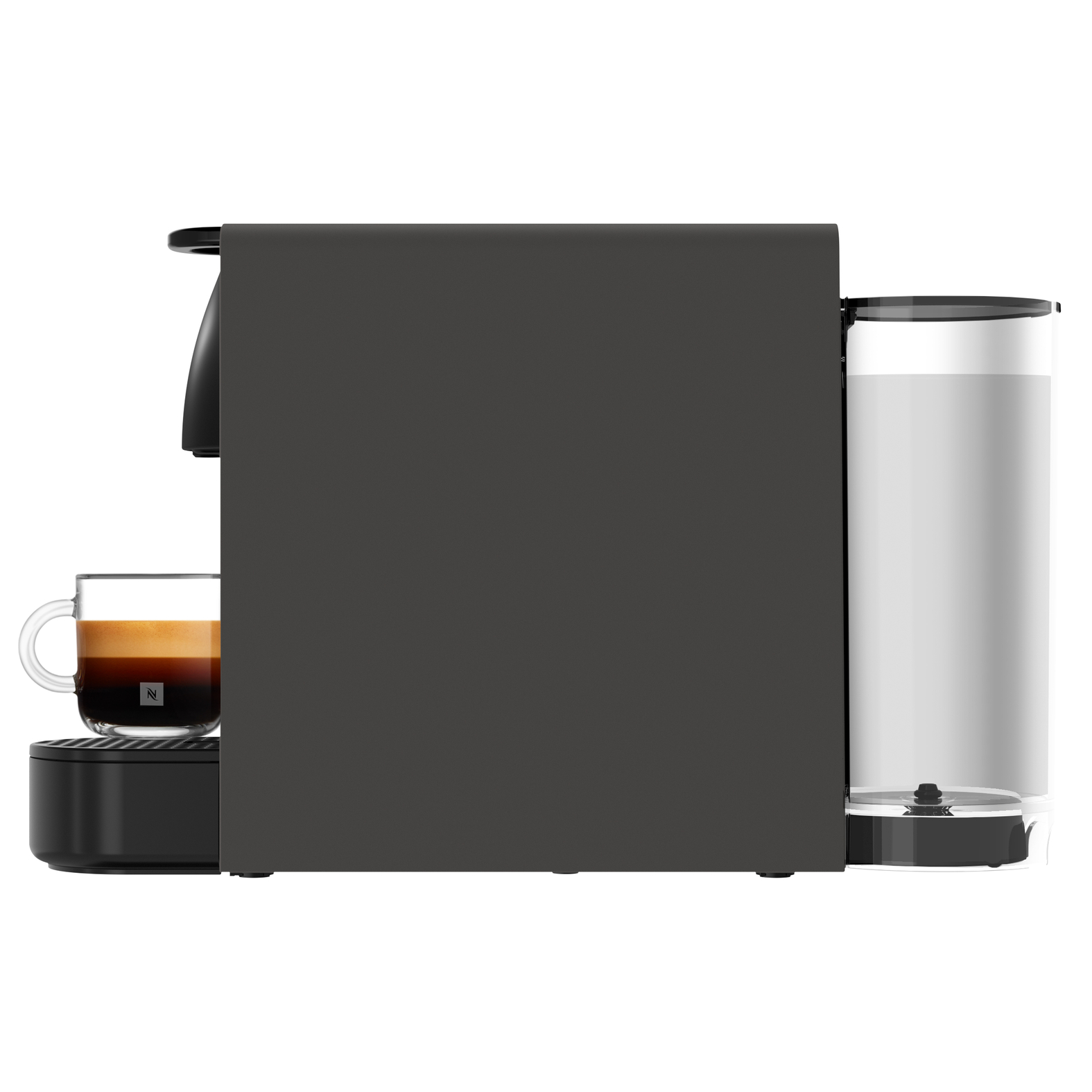 Una cafetera negra con depósito de agua y taza de espresso.