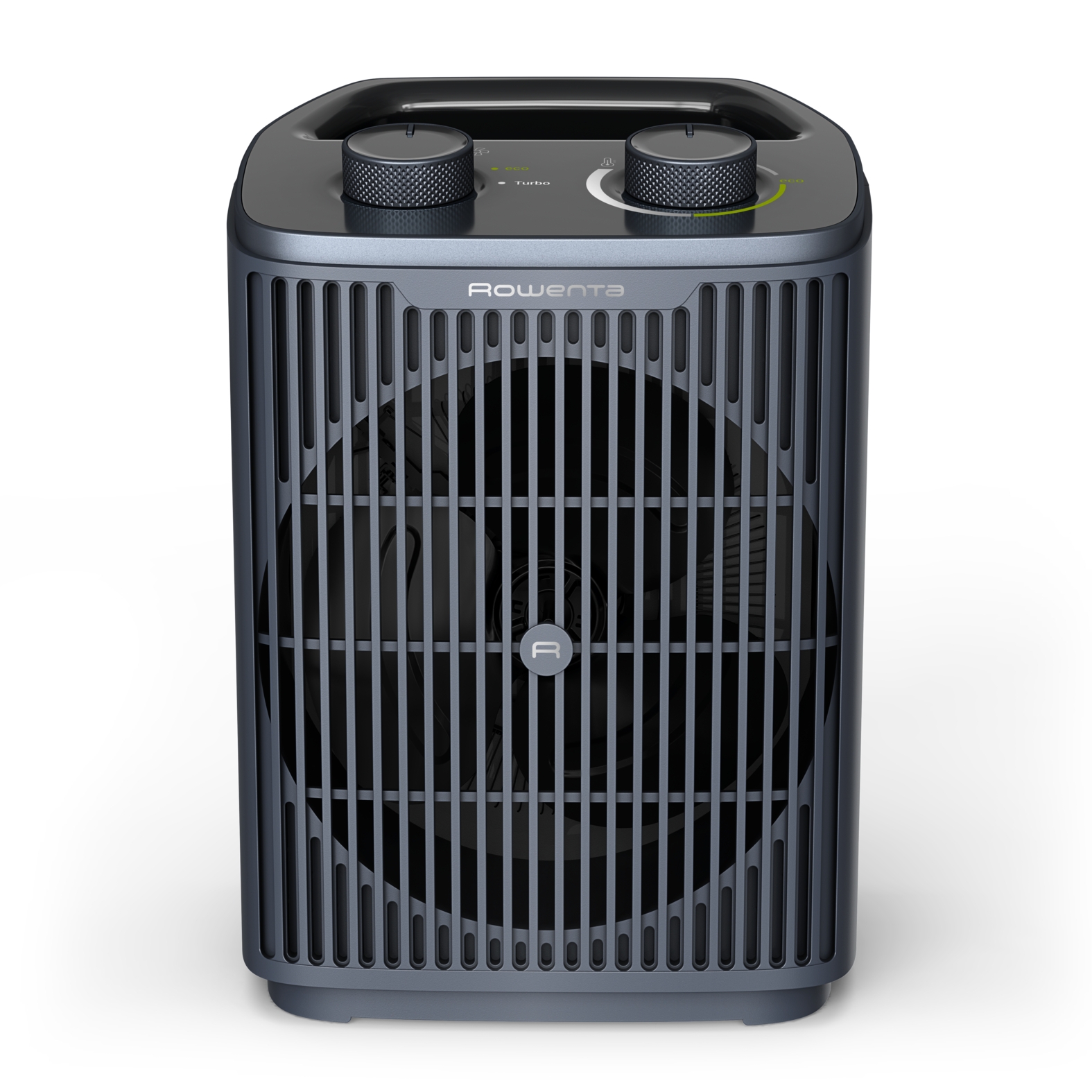 Caloventilador Rowenta gris oscuro con dos mandos superiores y una rejilla frontal grande.