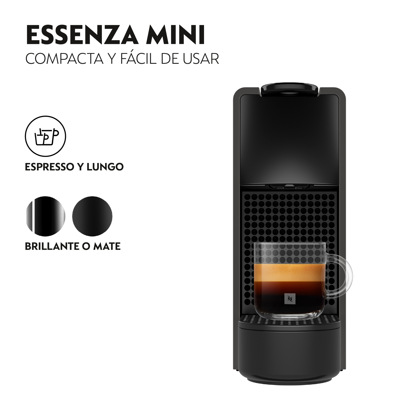 Cafetera negra Nespresso Essenza Mini con taza de espresso de cristal, iconos y texto en español.