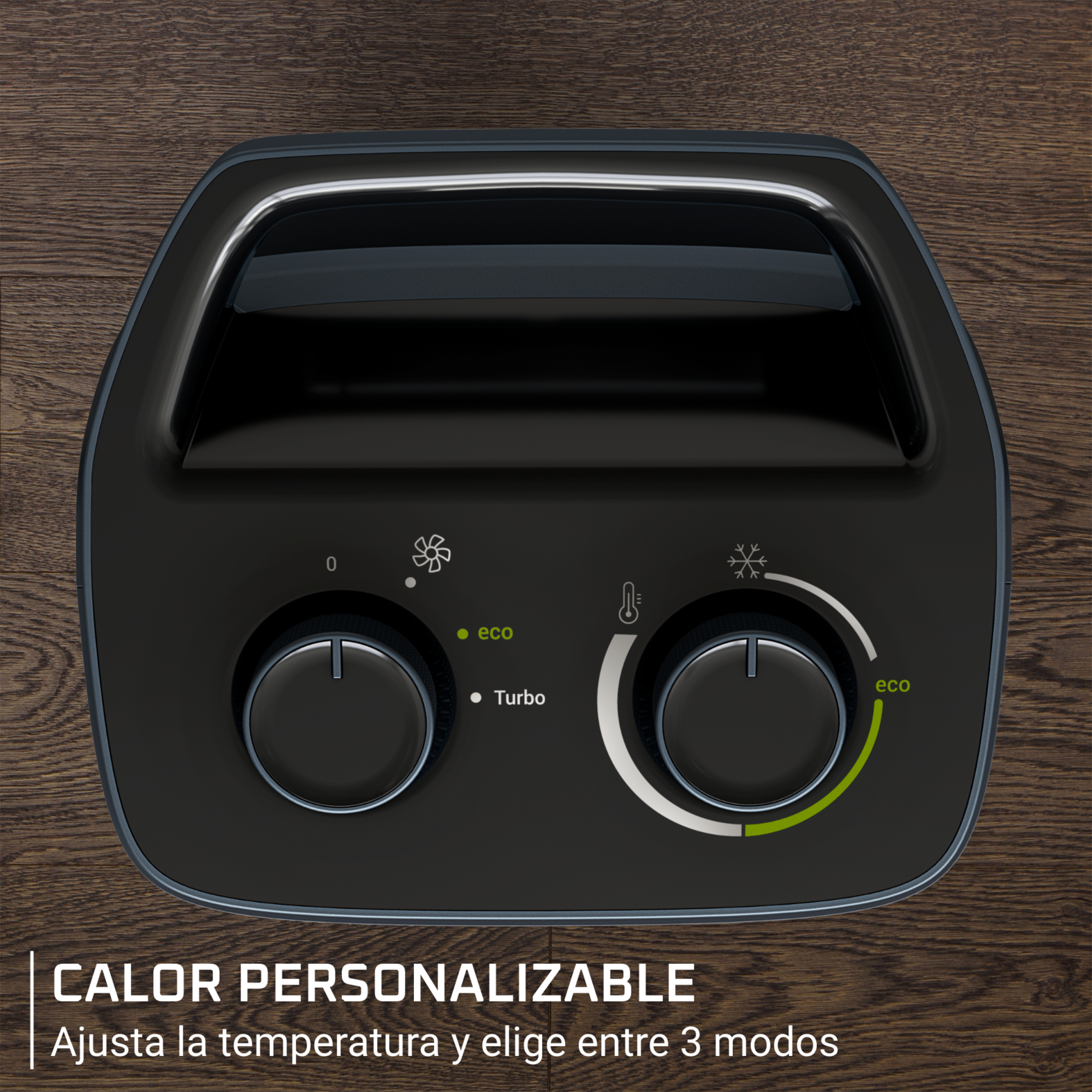 Calentador negro con dos perillas de control redondas sobre superficie de madera.